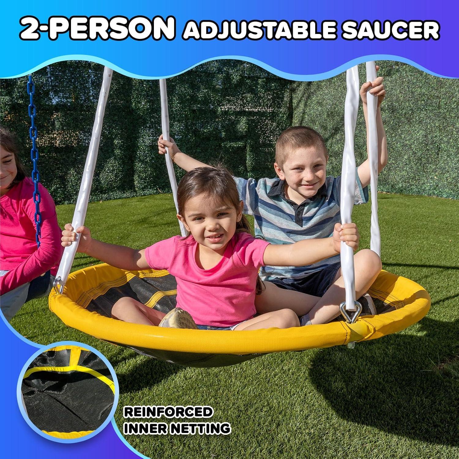 Sportspower Albany Metal Swing Set with 2 Person Glider Swing, 2 Adjustable Sling Swing Seats, 5' Double Wall Slide with Lifetime Warranty, & Bonus Anchor Kit, Great for Kids 3-8