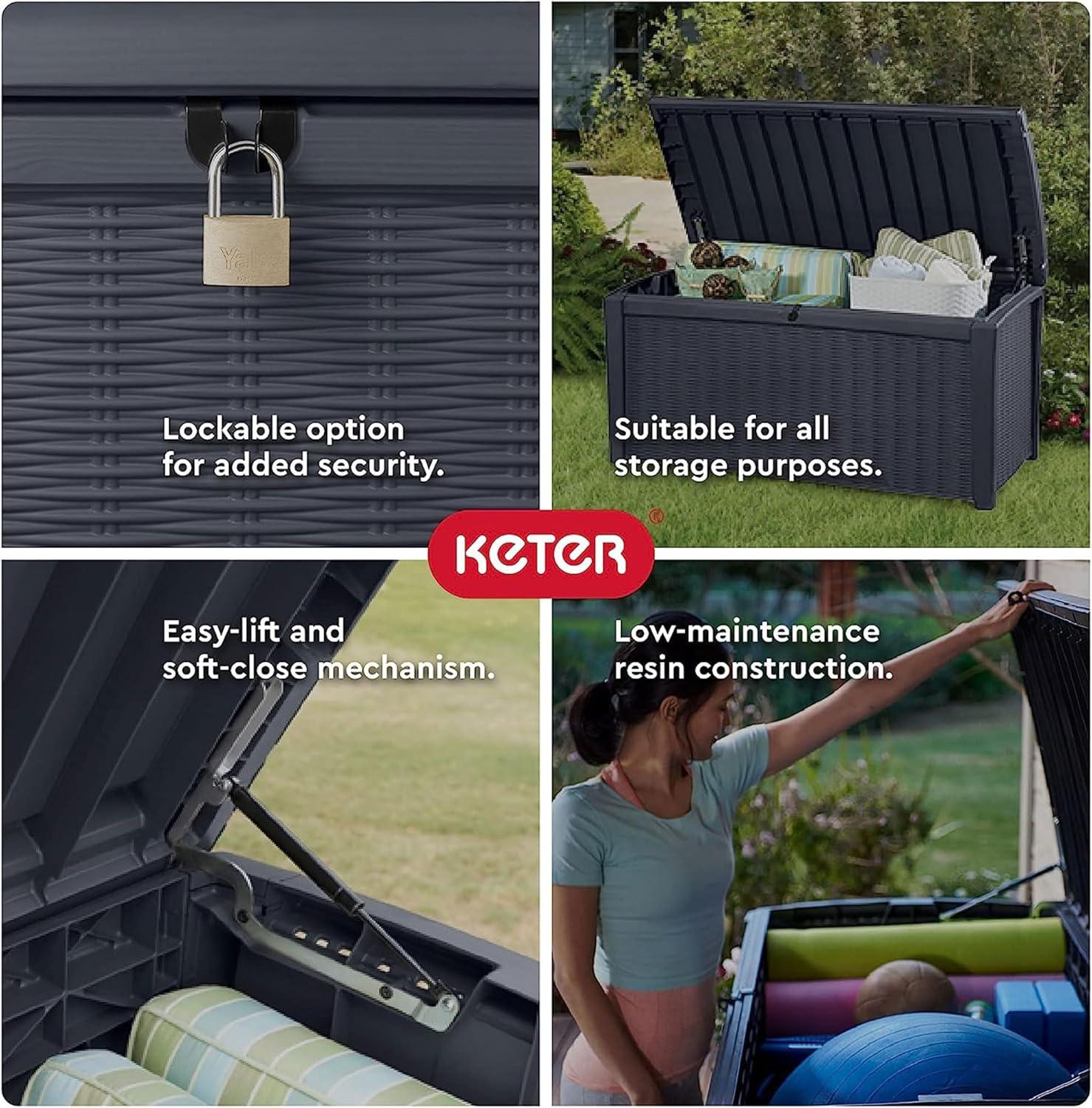Keter Keter Borneo 110 Gallon Rattan Wicker Resin Patio Deck Storage Box Bench