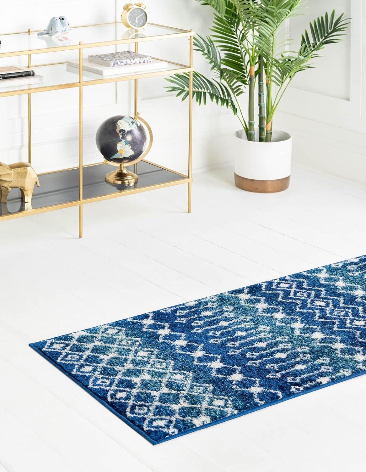 Unique Loom 2' 0 x 7' 0  Alaoui Geometric Trellis Navy and Teal Runner Rug