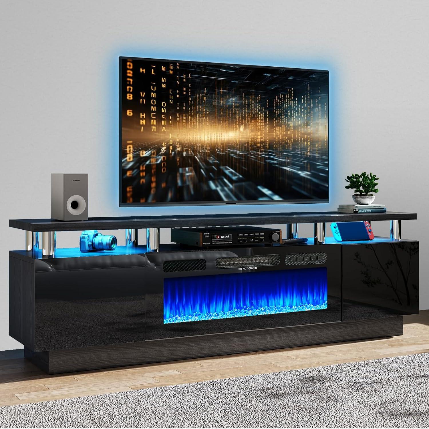 AOXUN Fireplace TV Stand with 36" Electric Fireplace, 80" 2 Tier TV Console Stand for TVs Up to 90", Black