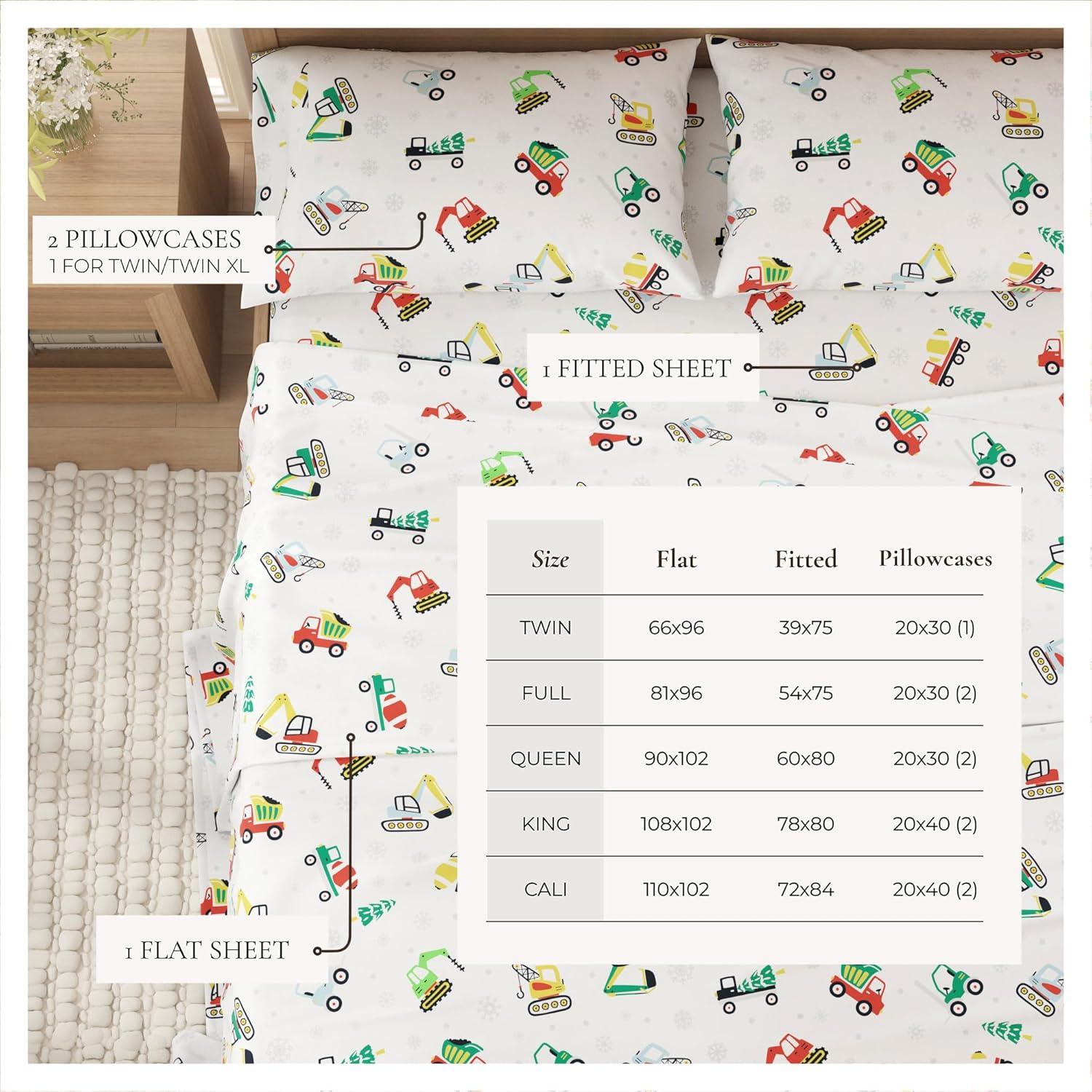100% Cotton Christmas Flannel Sheets - Great Bay Home (Twin, Christmas Toy Trucks)