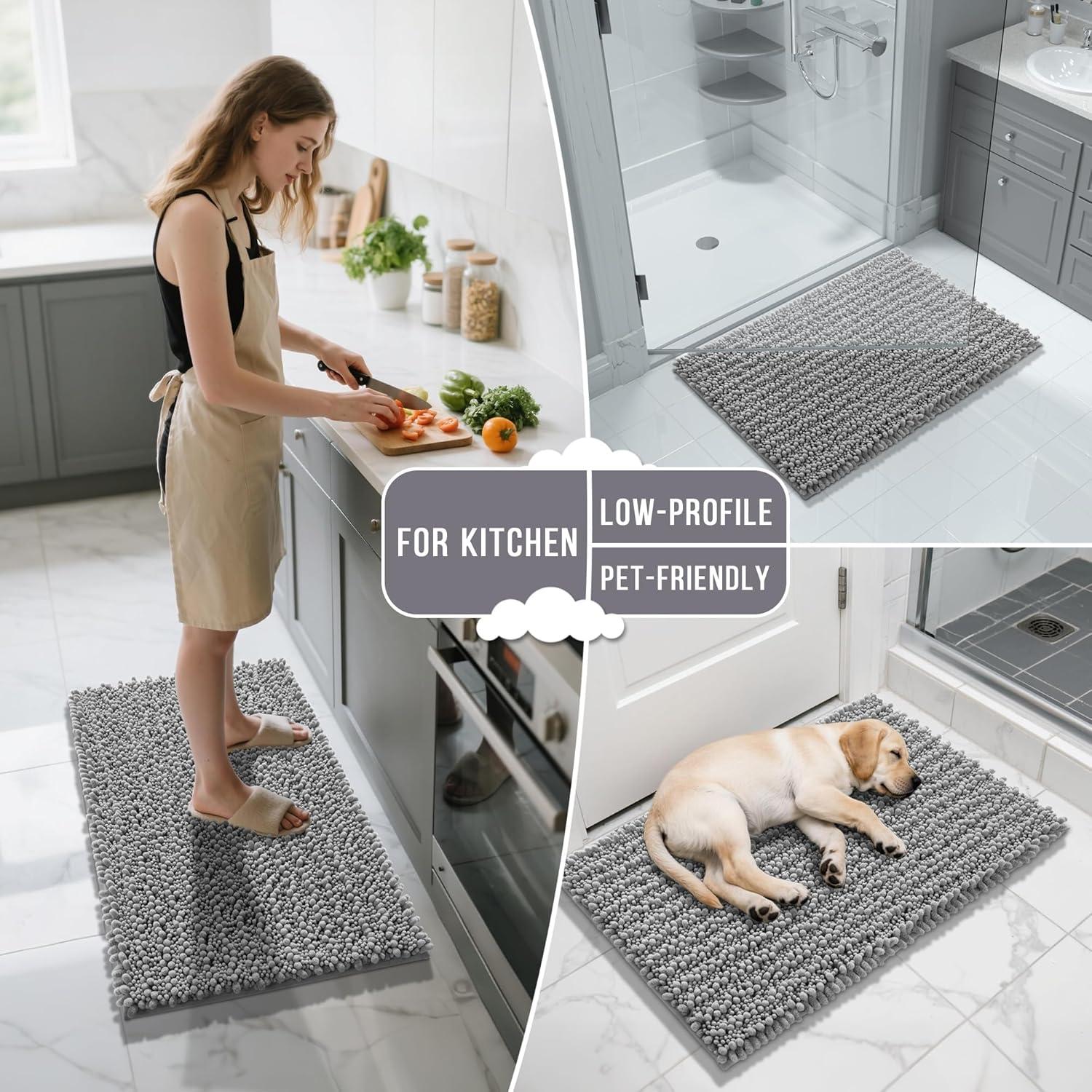 CHENHAINAN Bathroom Rug Mat, 24'' x 17'', Luxury Chenille Shaggy Bath Rugs, Extra Soft & Thick, Absorbent Water, Non-Slip, Machine Washable, Bath Mats for Bath Floor,Tub and Shower, Gray