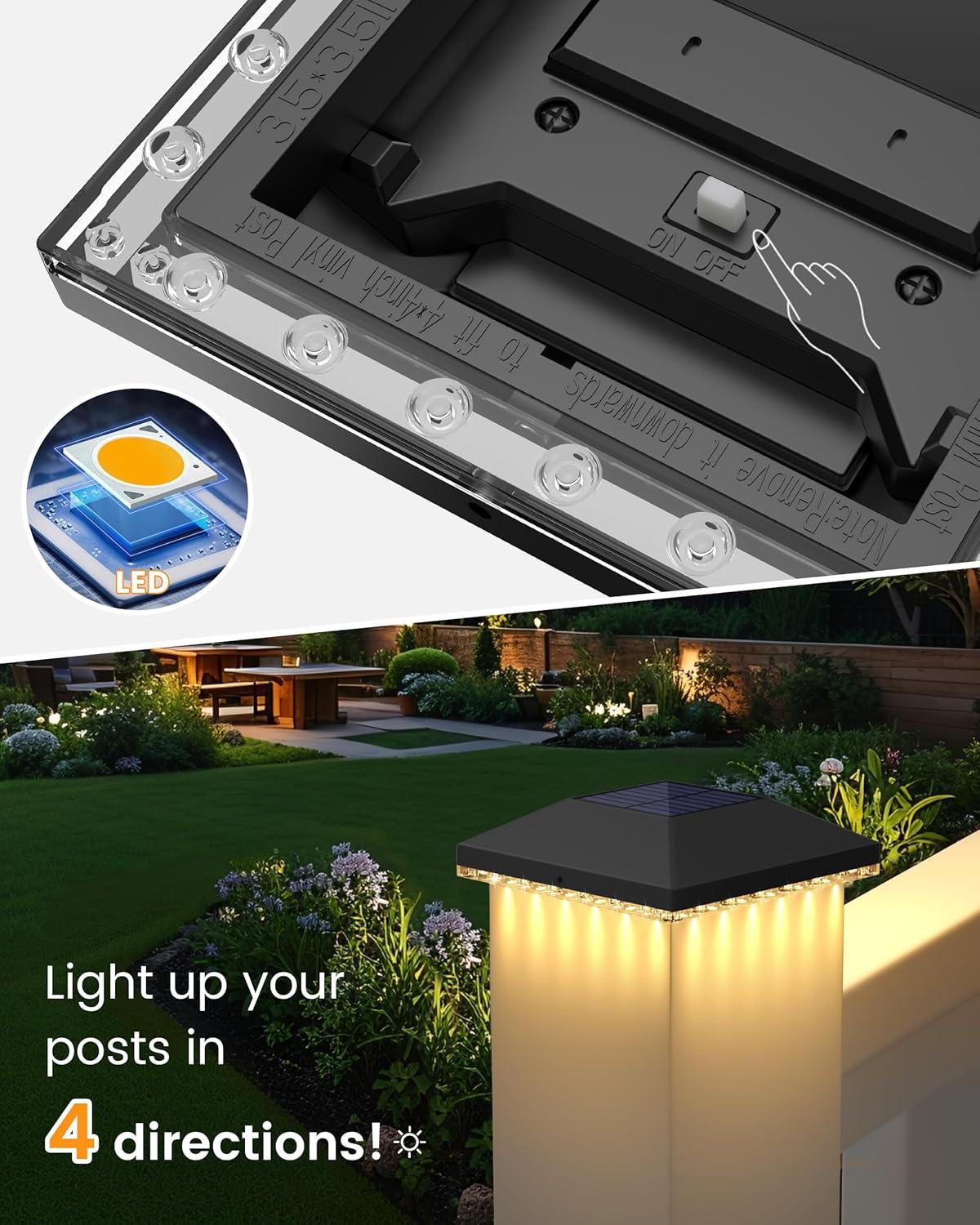 VOLISUN 4x4 Solar Fence - Post Lights Outdoor Waterproof 12pack, Deck Cap Light for 4x4 Wooden/4x4 Vinyl,Black Solar Fence Post Cap Light for Garden/Patio/Porch