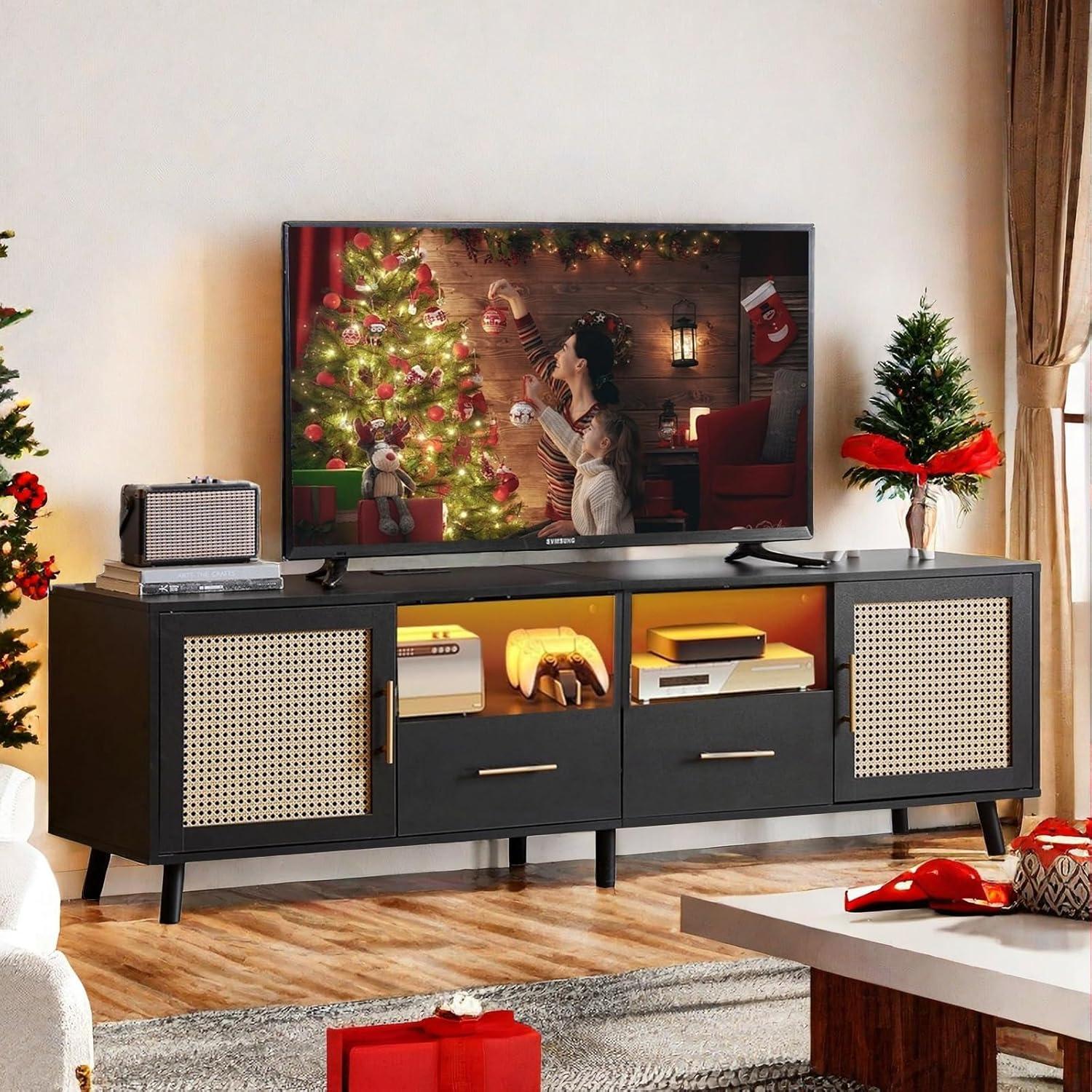 Heyer Large Wood TV Stand for TVs up to 75" with LED Light and Charging Station, Coastal Media Console with Rattan Door, Multimedia Storage Furniture with 2 Drawers  for Gift