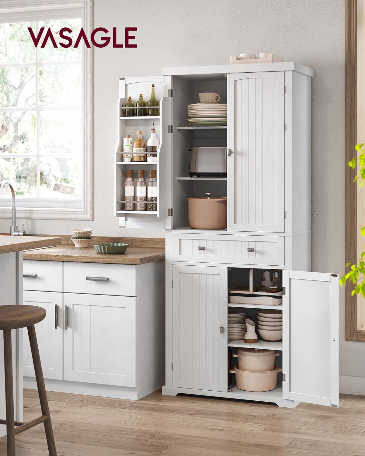 VASAGLE 71.9 Inch Kitchen Pantry Storage Cabinet  Tall Freestanding Cupboard with 1 Large Drawer 6 Hanging Shelves for Dining Room Laundry White