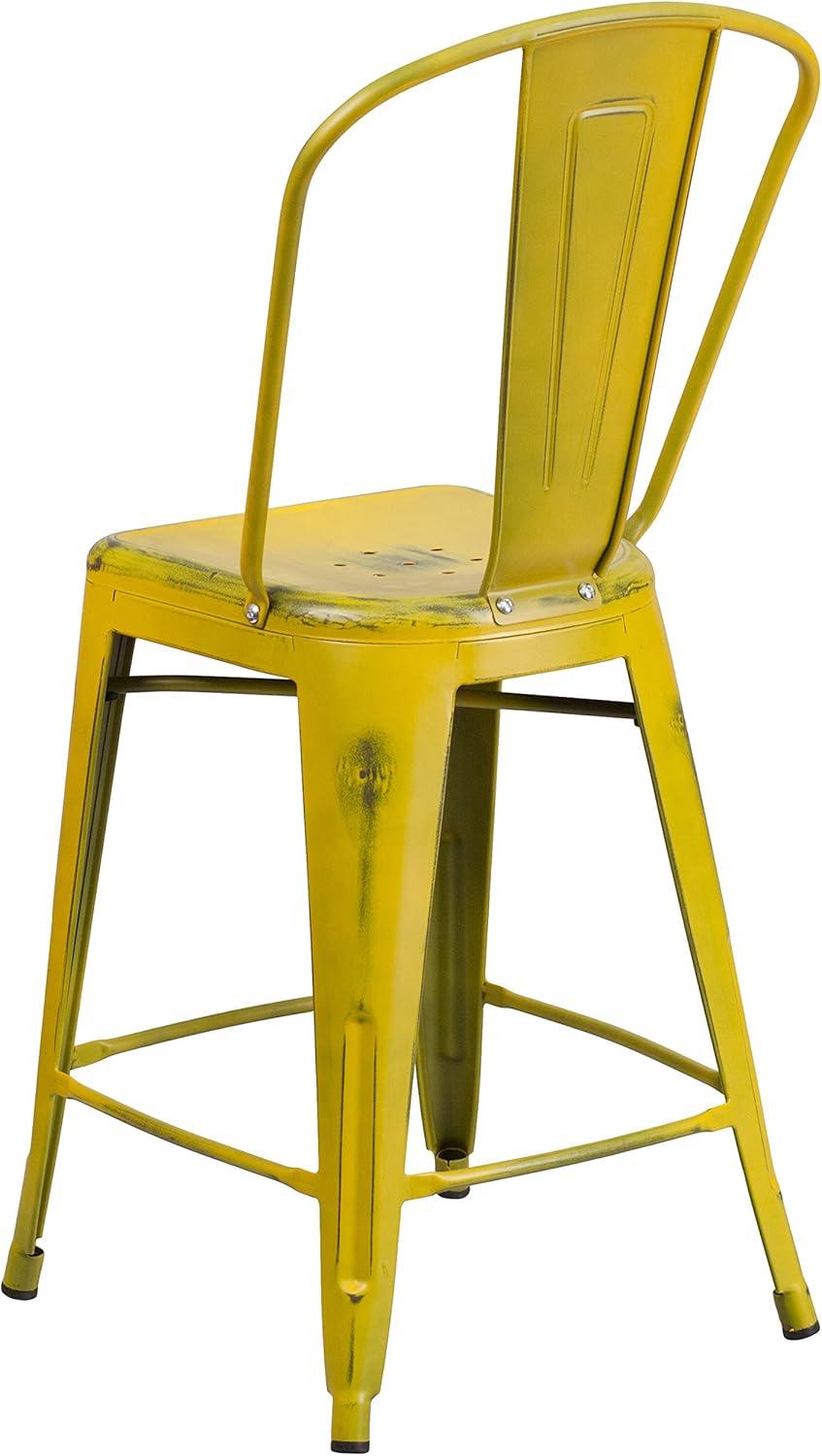Flash Furniture Commercial Grade 24" High Distressed Yellow Metal Indoor-Outdoor Counter Height Stool with Back