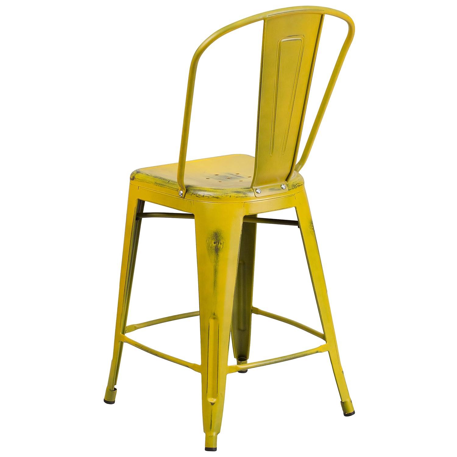 Flash Furniture Commercial Grade 24" High Distressed Yellow Metal Indoor-Outdoor Counter Height Stool with Back