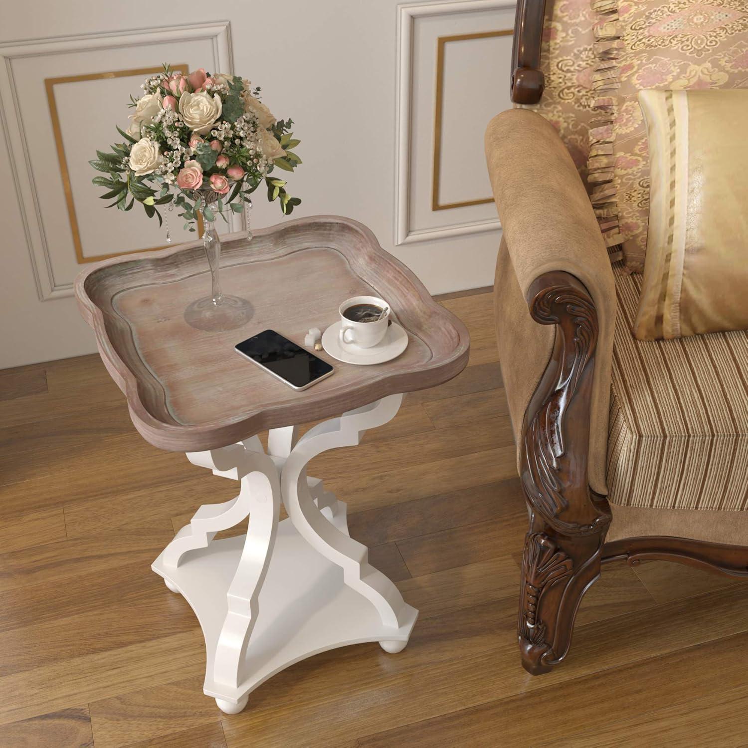 Rustic Farmhouse Cottagecore Accent End Table, Natural Tray Top Side Table Nightstand for Family, Dinning or Living Room, Handcrafted Finish, Modern, White