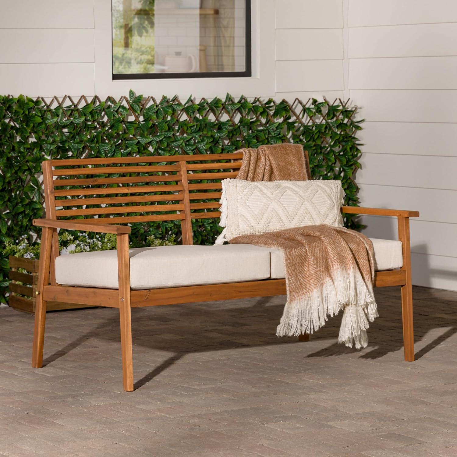 Modern Brown Solid Acacia Wood Outdoor Loveseat with Cushions