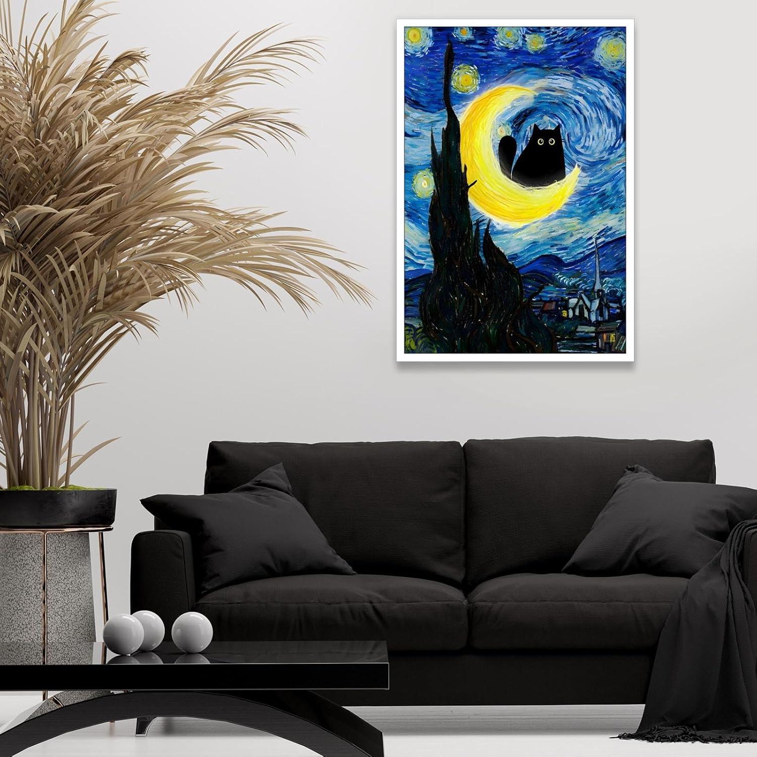 Starry Night Black Cat Canvas Wall Art 12x16