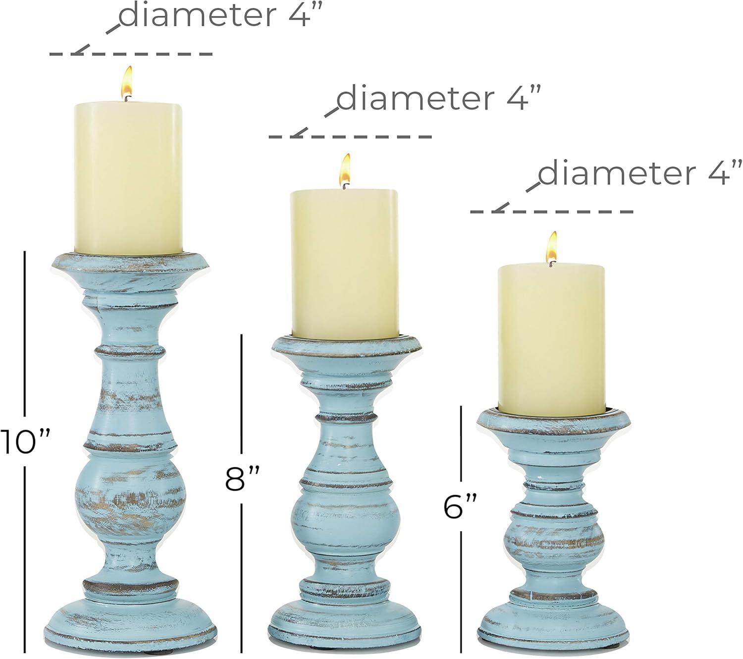 DecMode Traditional and Timeless Mango Wood Pillar Candle Holder Set of 3, 6", 8", 10"H, Light Blue Finish