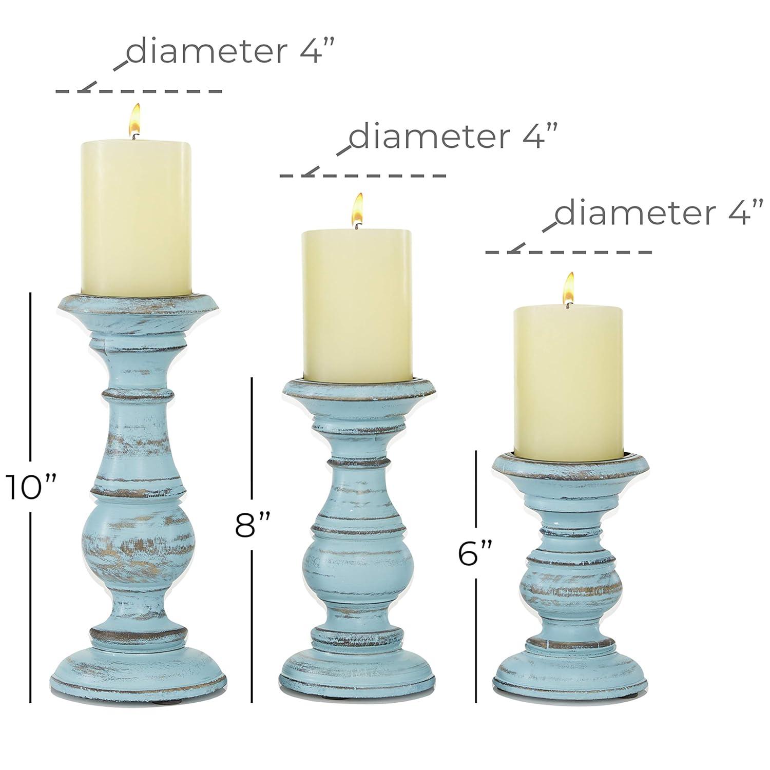 DecMode Traditional and Timeless Mango Wood Pillar Candle Holder Set of 3, 6", 8", 10"H, Light Blue Finish