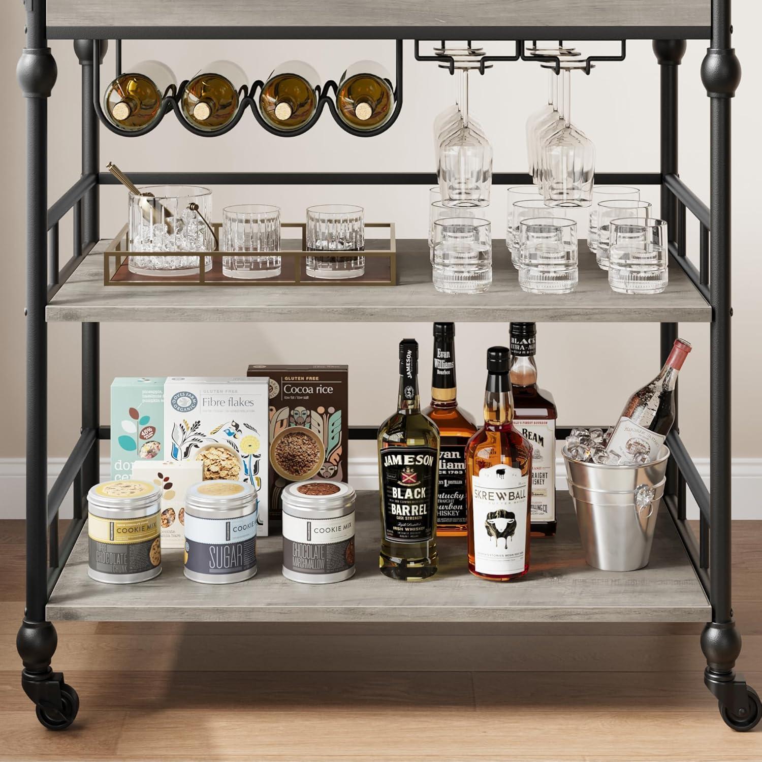 Bar Cart, Bar Carts for The Home, 3 Tier Bar Cart with Wheels, Portable Home Bar & Serving Carts, Rolling Cart with Wine Rack and Removable Tray for Living Room, Kitchen, Dining Room