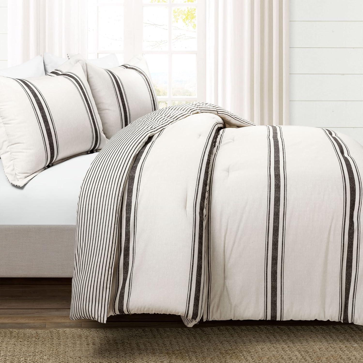 3pc Full/Queen Farmhouse Stripe Reversible Comforter & Sham Set Black - Lush Décor: 460 Thread Count, Machine Washable