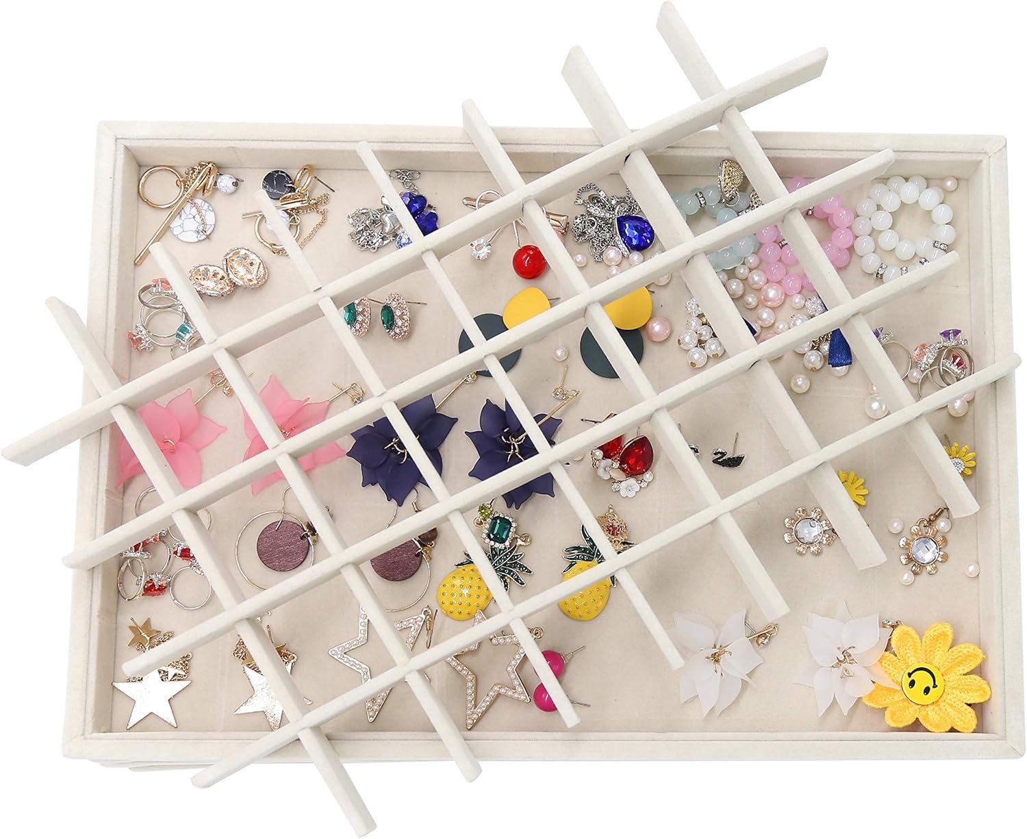 Velvet Rectangular 40-Grid Jewelry Tray for Earrings and Rings