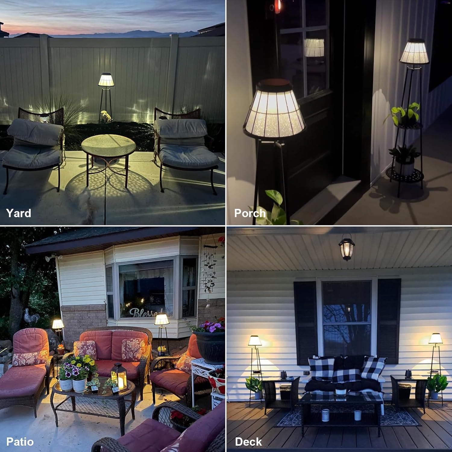 2 Pack 45.5'' Outdoor Floor Lamps with 2 Tier Plant Stand, Solar Powered Metal Waterproof Lights for Patio Deck Yard Garden Porch Decor