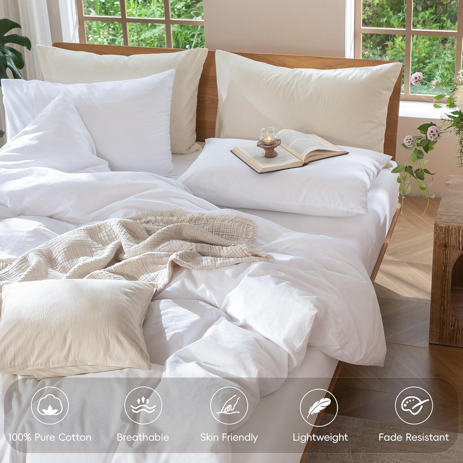 MOOMEE Linen Like Textured 100% Washed Cotton Twill Duvet Cover Set Ultra Soft