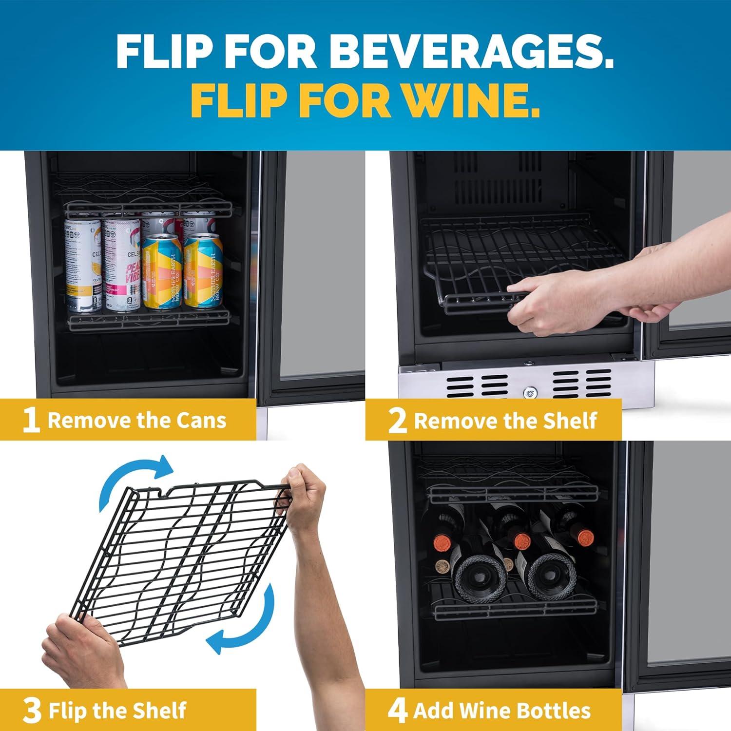 Newair 15" FlipShelf Wine and Beverage Refrigerator, Reversible Shelves Hold 80 Cans or 33 Bottles