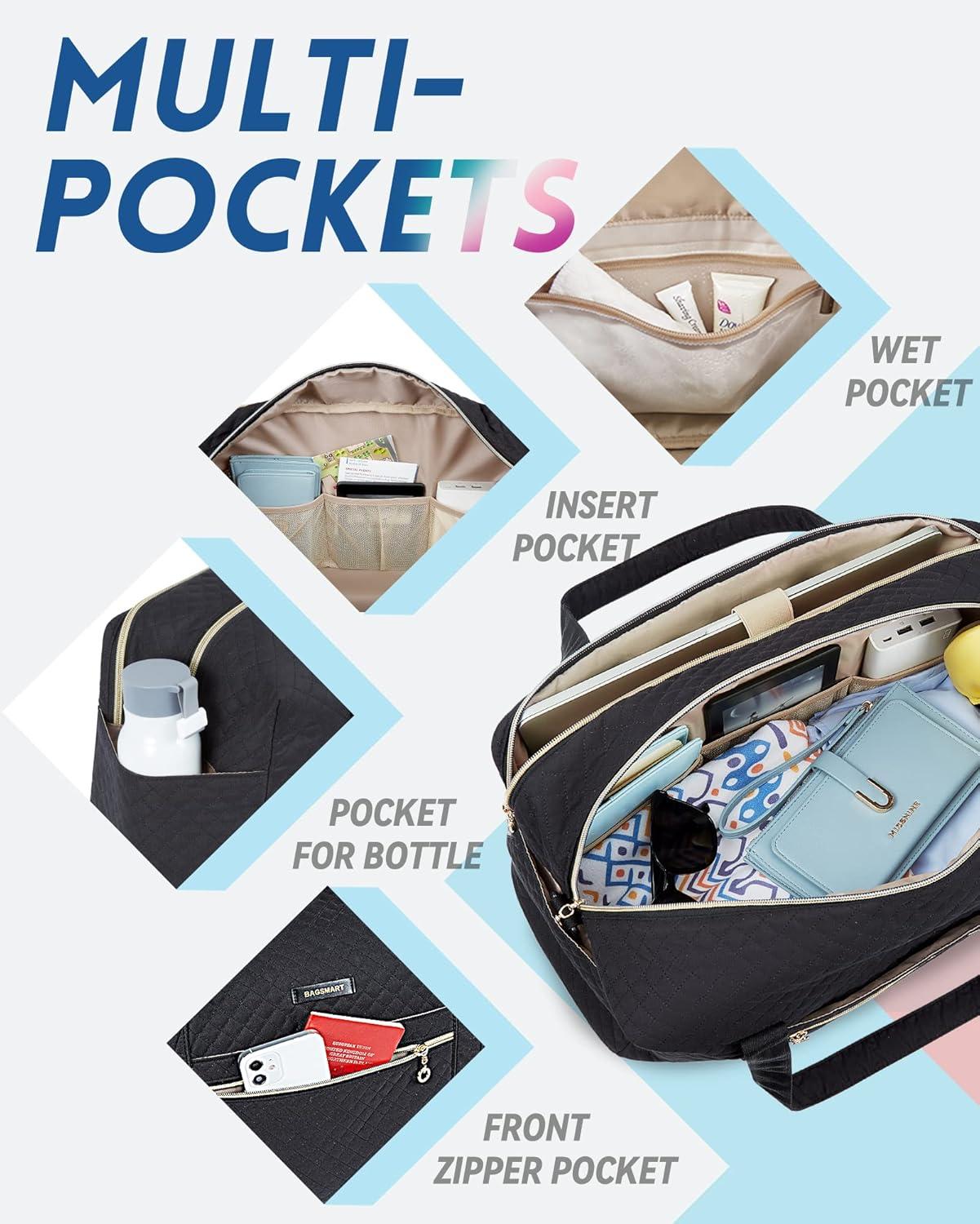 Travel Duffle Bag, BAGSMART 3 Pcs Set Weekender Overnight Bag for Women with Makeup Bag & Clear Toiletry Bag, Carry On Bag with Shoe Compartment for Travel, Business Trips(Black)