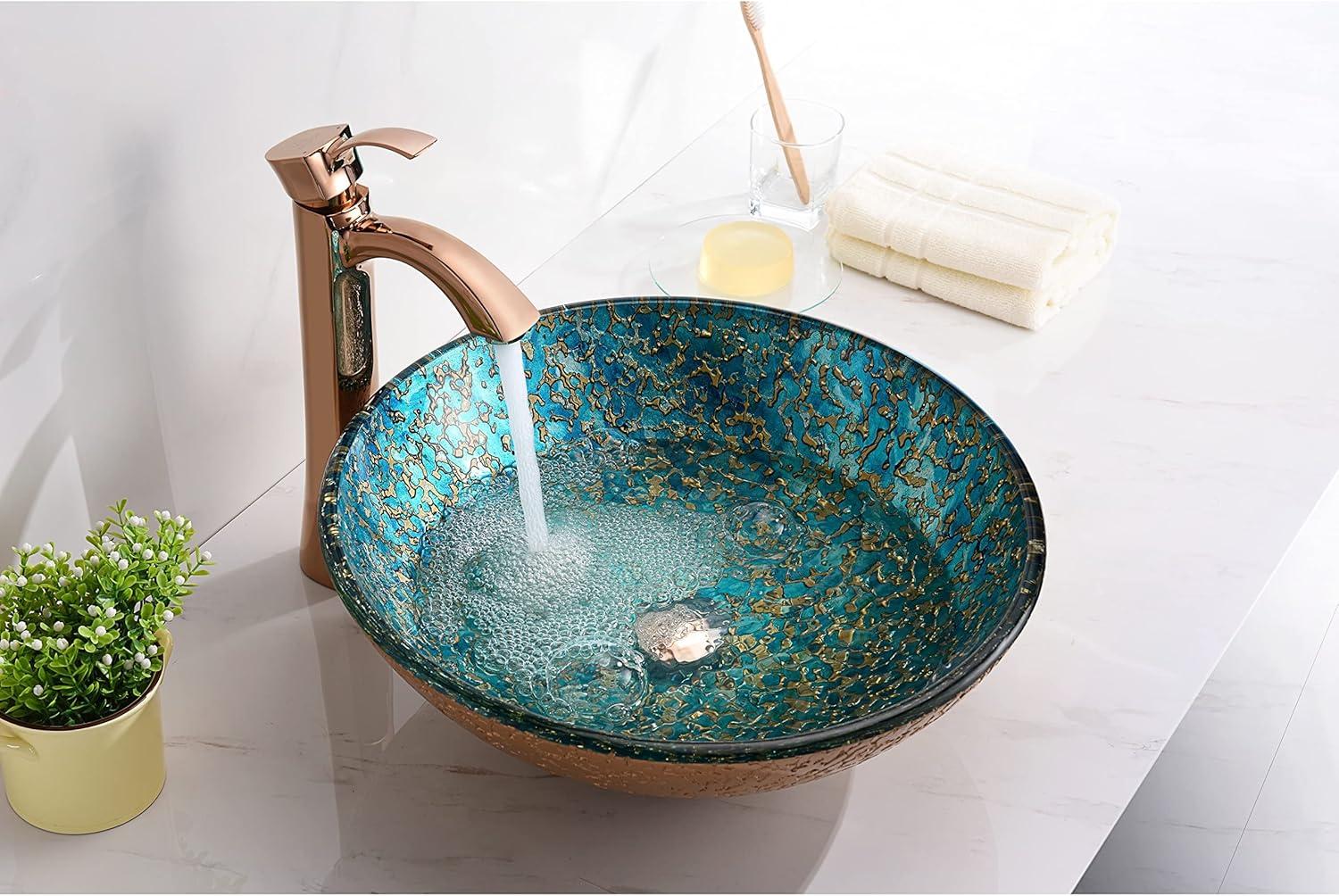 ANZZI Chrona Modern Tempered Glass Vessel Bowl Sink in Gold/Cyan Mix, Gold Top Mount Bathroom Sinks Above Counter, Round Vanity Countertop Sink Bowl with Pop Up Drain, LS-AZ209