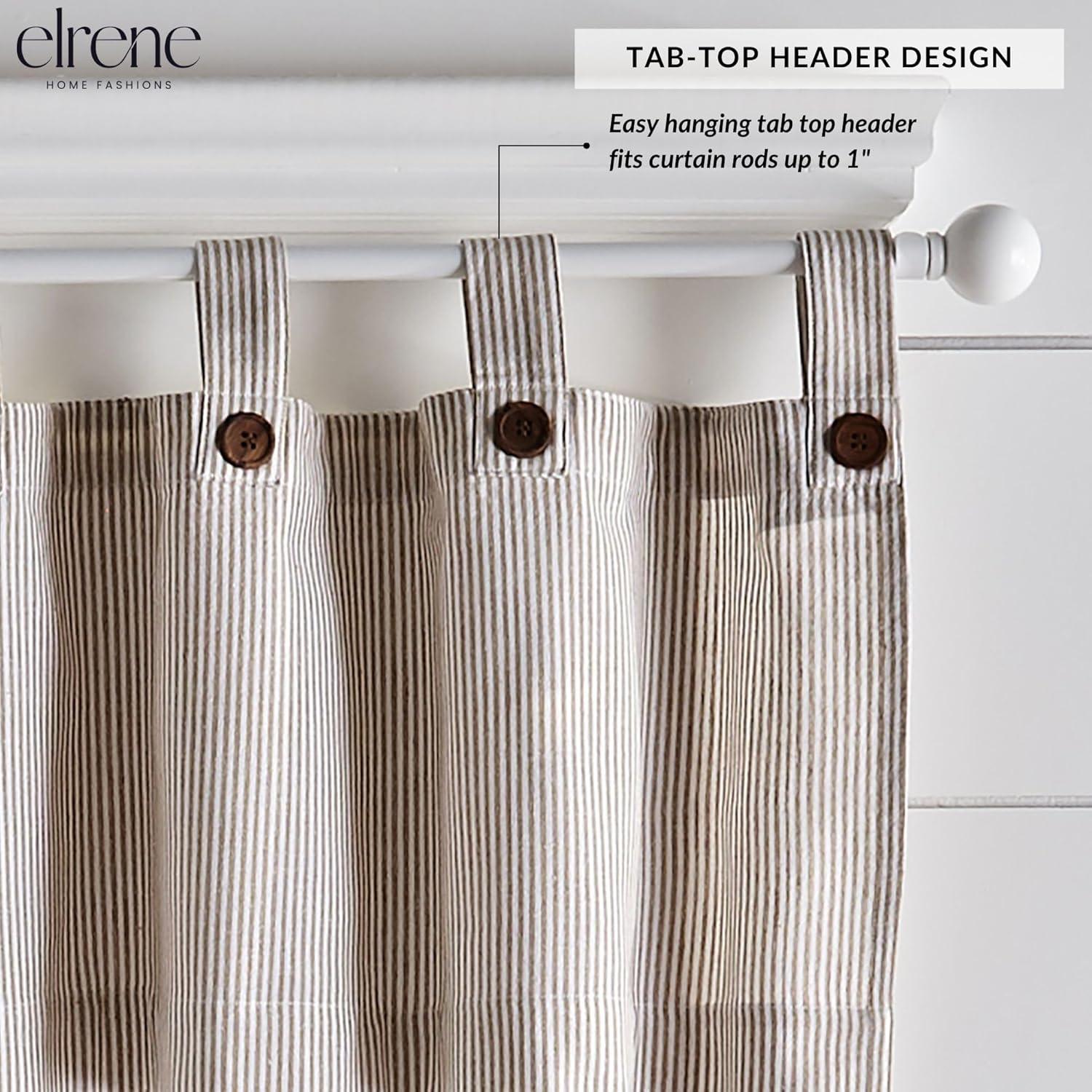 Tucker Ticking Stripe Button Tab Top Window Kitchen Tier Set of 2 - 30" x 24" - Linen - Elrene Home Fashions