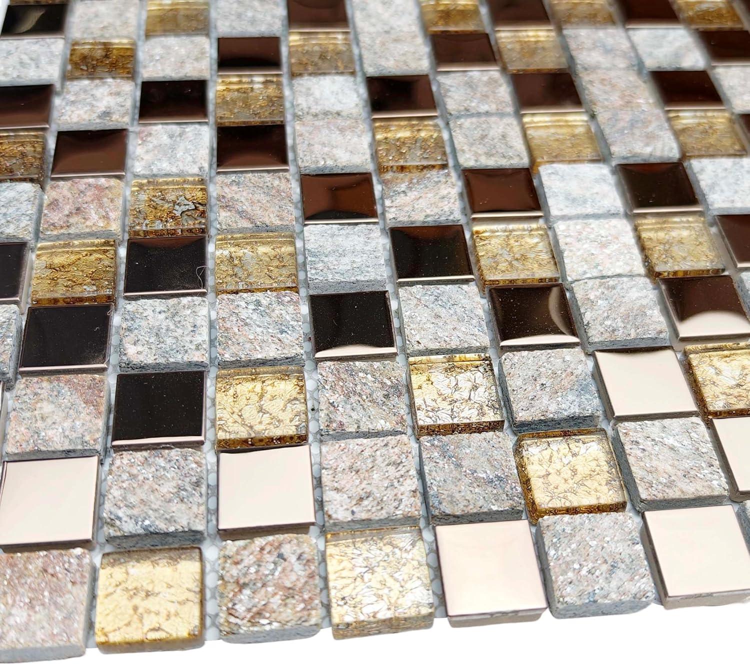 Luxury Glass Stone Tile Rose Gold Glitter Metal Mosaic Accent Backsplash Tiles in Kitchen Bathroom Walls and Fireplace Decor (5 Square Feet)
