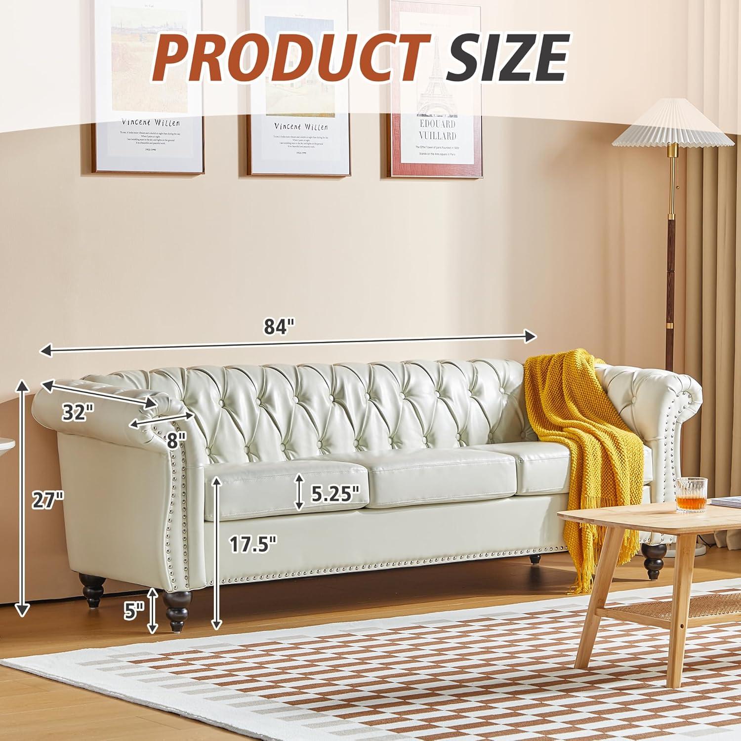 Chesterfield Sofa Faux Leather, Modern PU Tufted Couch 3 Seater with Rolled Arms and Nailhead for Living Room, Bedroom, Office, Apartment (White)