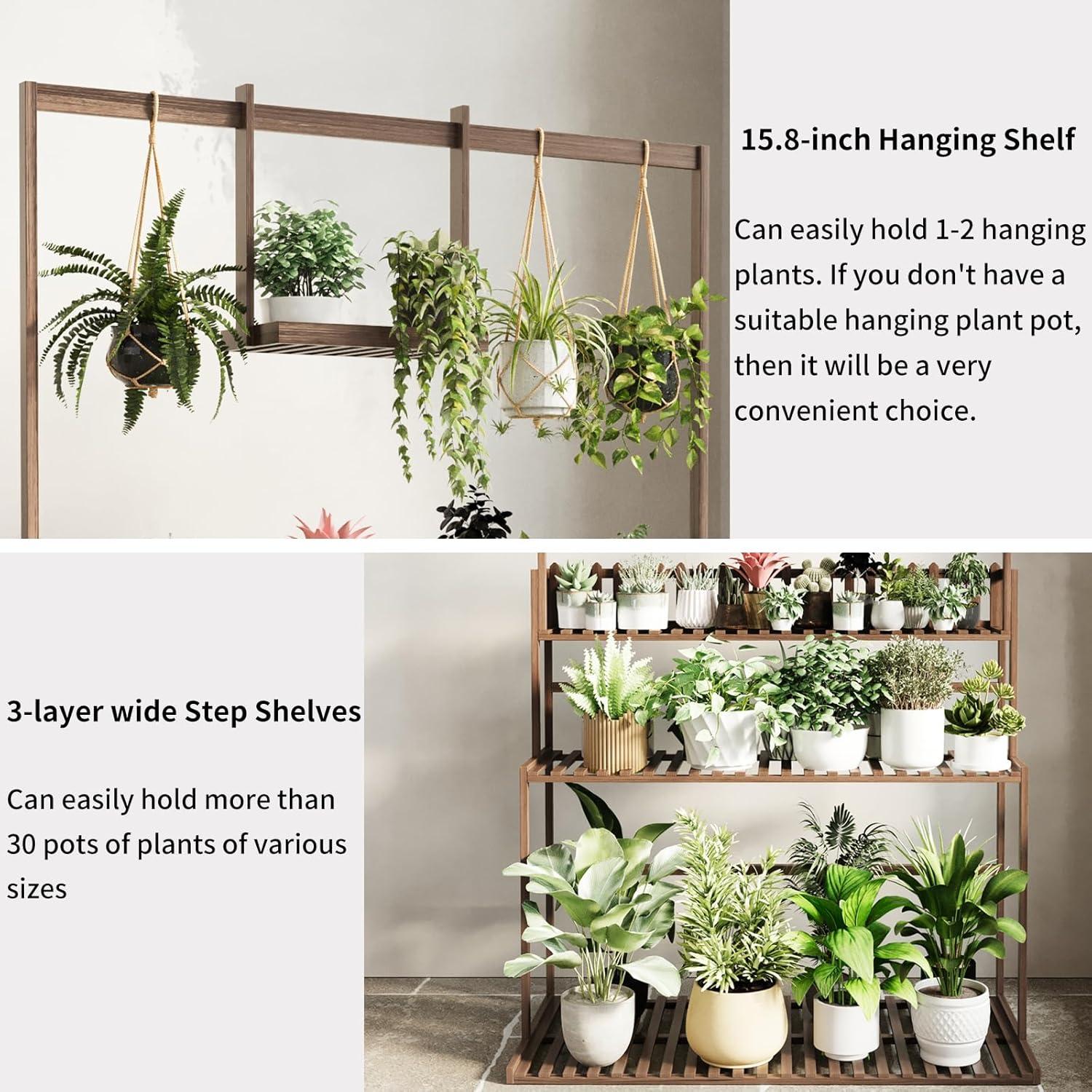 Natural Bamboo 3-Tier Hanging Plant Stand with Shelves