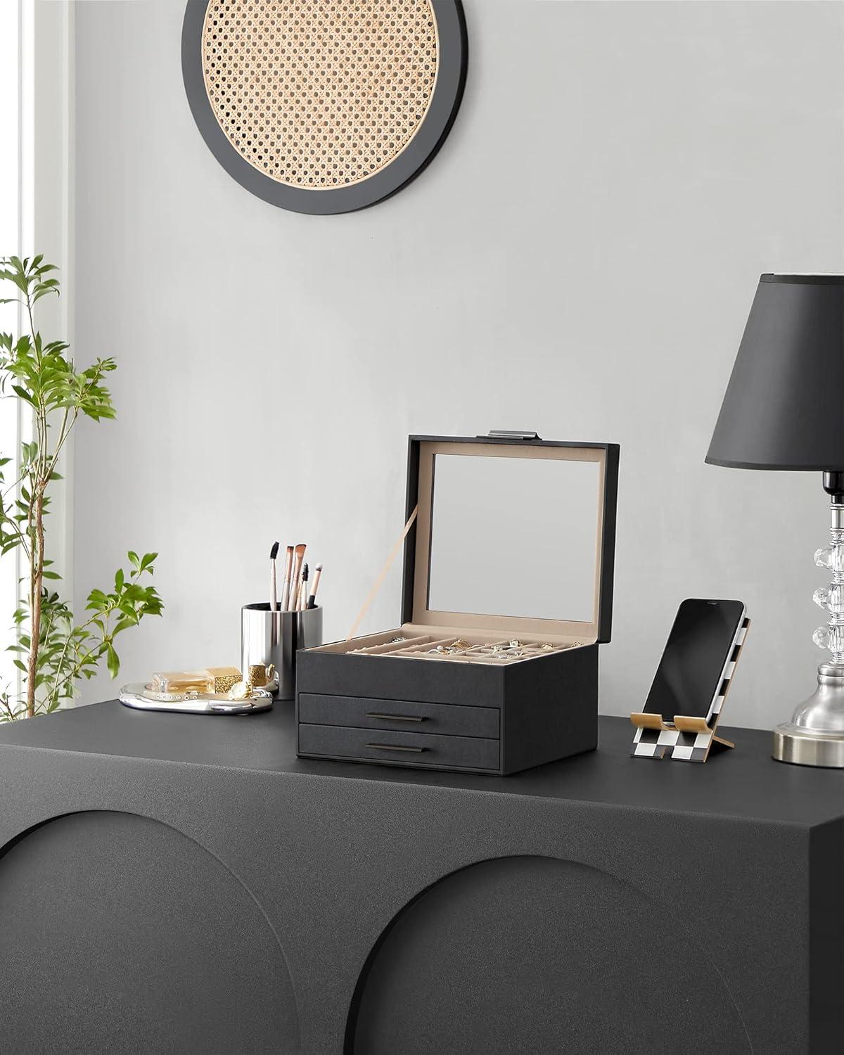 Glass Lid Jewelry Box with Glass Jewelry Organizer Case for Rings Necklaces Earrings Black and Silver