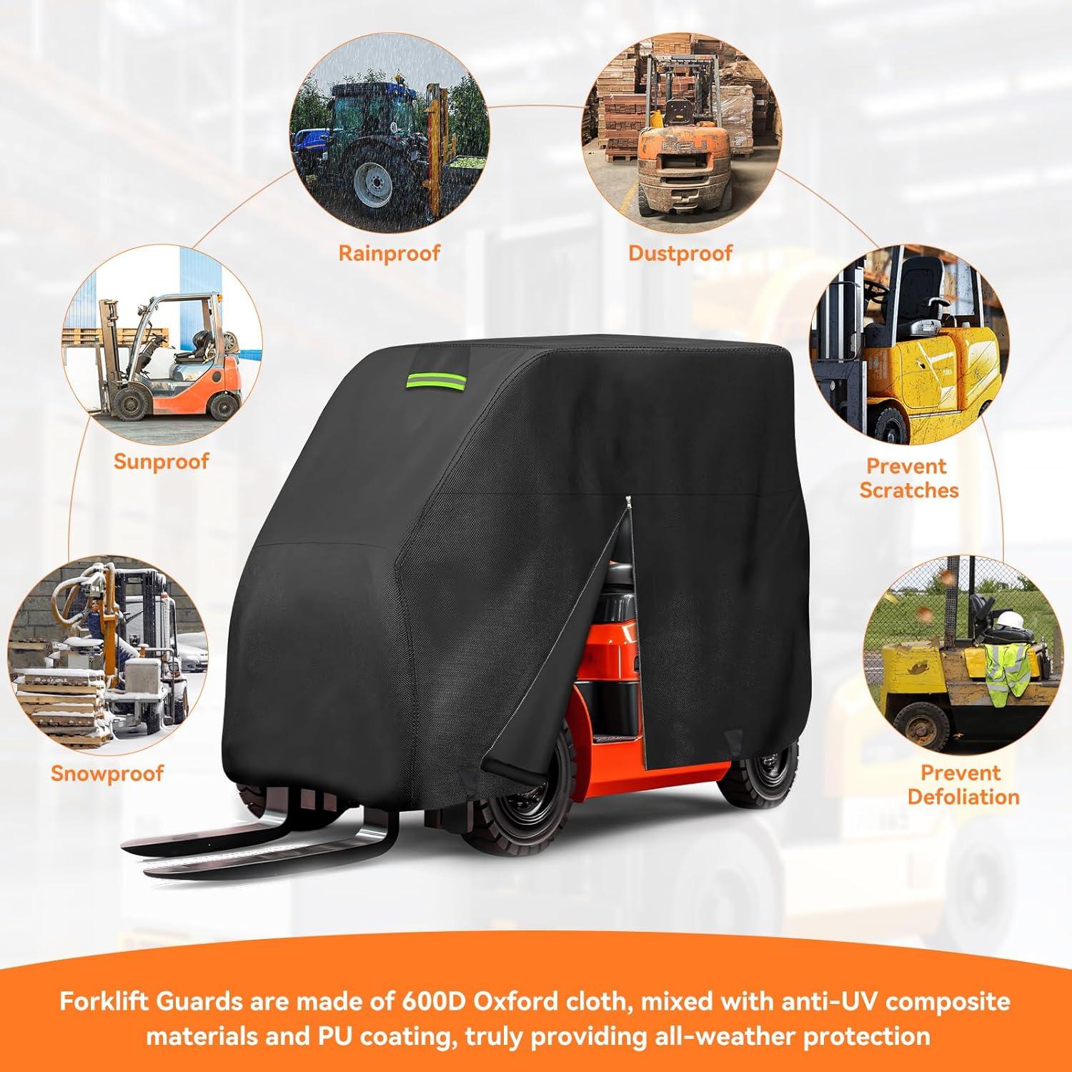 Forklift Protection Cover All Weather, Forklift Cover Waterproof 600D Fits All Forklifts Up to 8000Lb, Sun Rain Snow UV Forklift Cover with Zipper Door Reflective Strips Windproof Buckle Organizer Bag