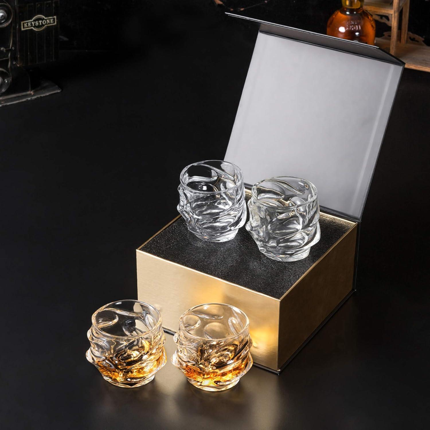 Whiskey Glasses Set of 4 - 11oz Rock Glassware - Bourbon Glass Tumblers for Men - Unique Elegant Gift Box