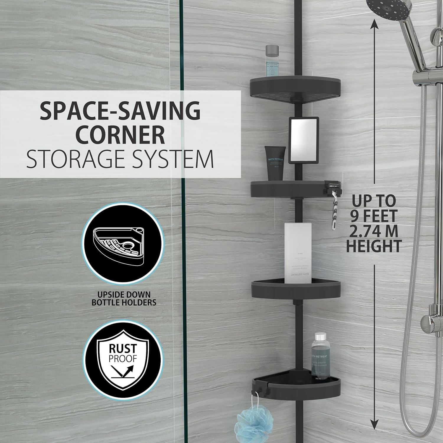 Better Living Products HiRISE 4 Tension Shower Caddy with Mirror Black