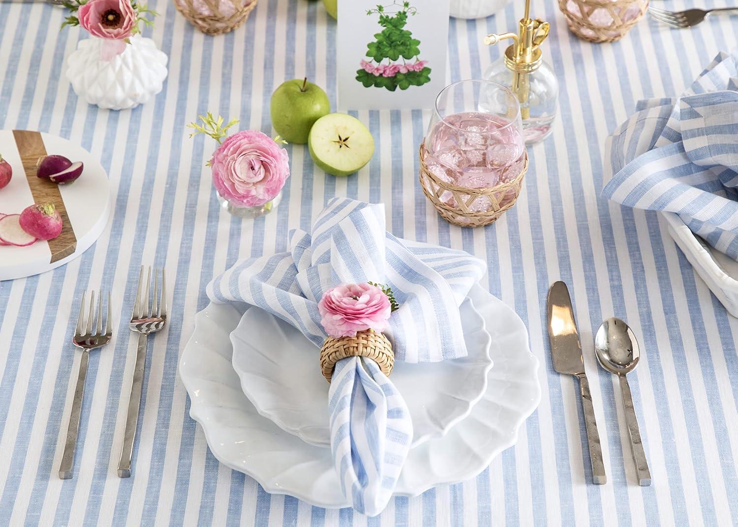 Sky Blue and White Striped Linen Rectangular Tablecloth