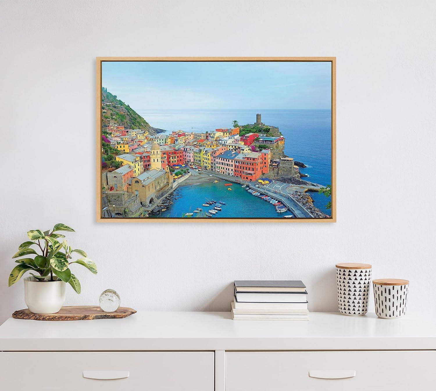 Kate and Laurel Sylvie Cinque Terre 2 Framed Canvas Wall Art by Rachel Dowd, 23x33 Natural, Modern Scenic Cityscape Photograph for Wall Decor