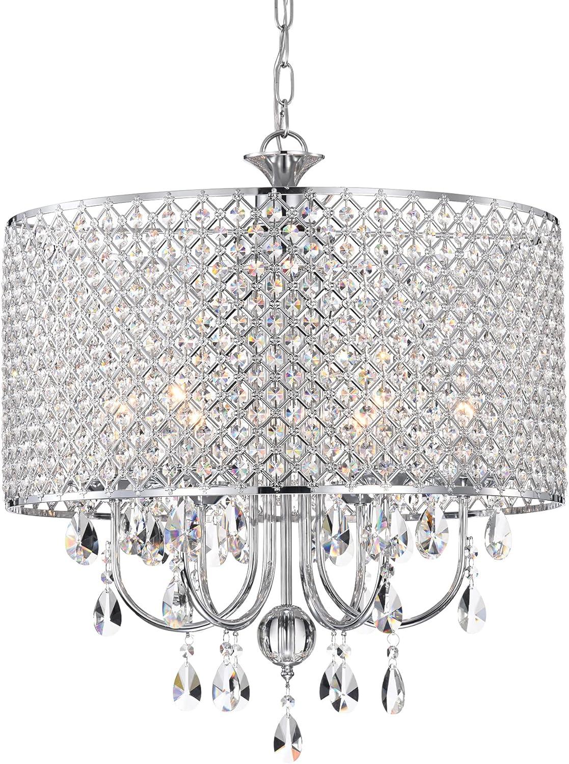 EDVIVI LIGHTING Round Beaded Drum Chandelier with Hanging Crystals Chrome 6 22" Gold