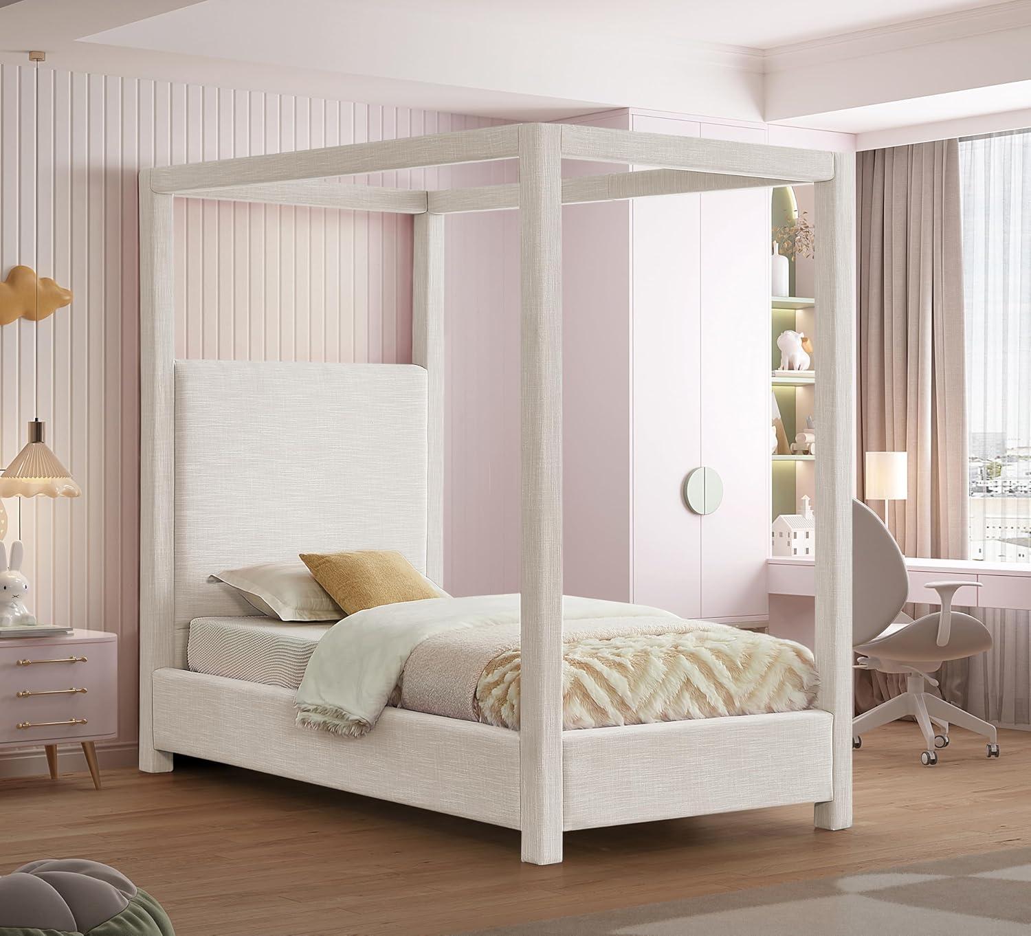 Meridian Furniture Emerson Cream Linen Textured Fabric Queen Bed