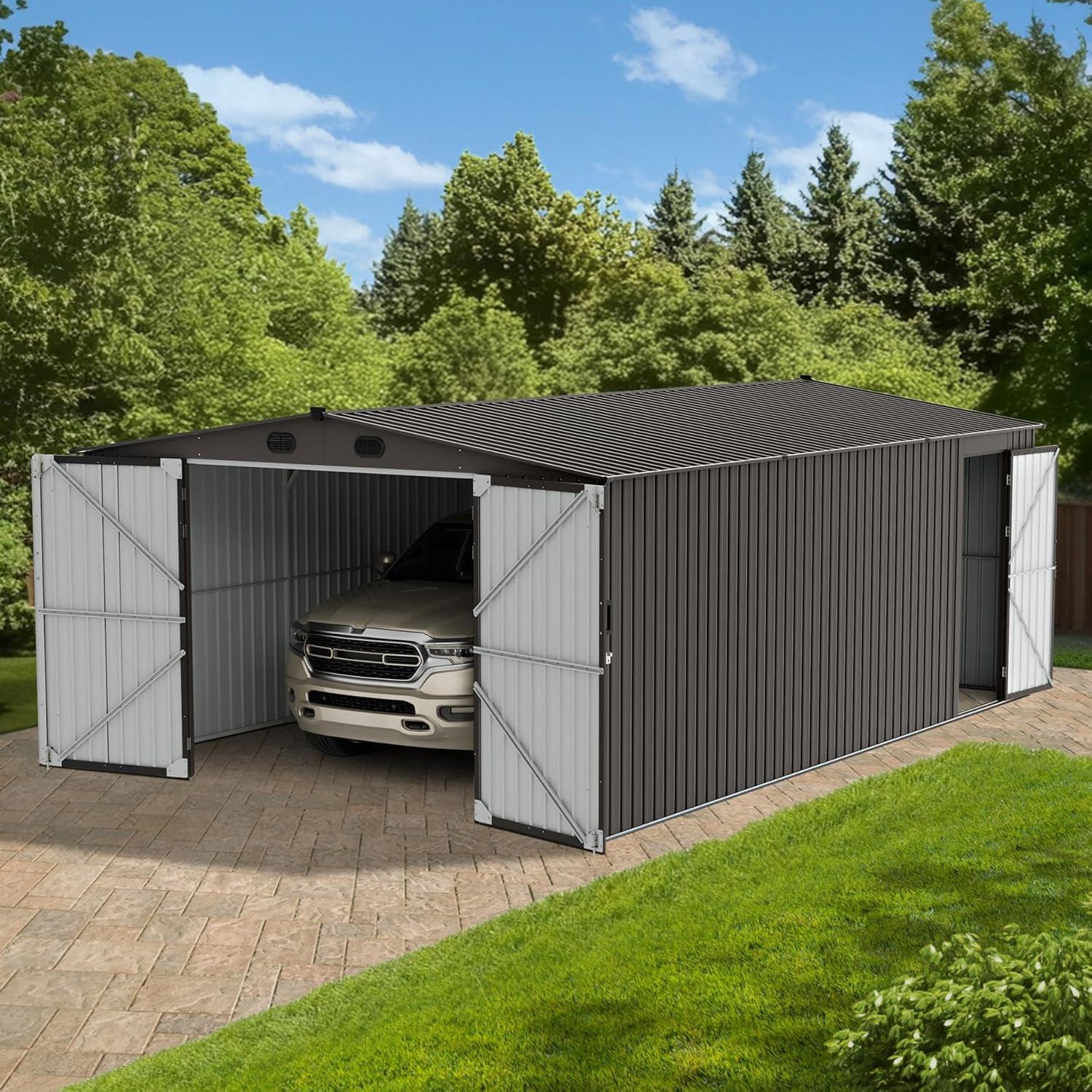 Sunjoy Sunjoy Outdoor Storage Shed 10 x 20 ft. Carport, Patio Metal Utility Large Storage Shed Garage with 2 Doors and 4 Vents, for Car, Truck, Bike, Garbage Can, Tool, Lawnmower