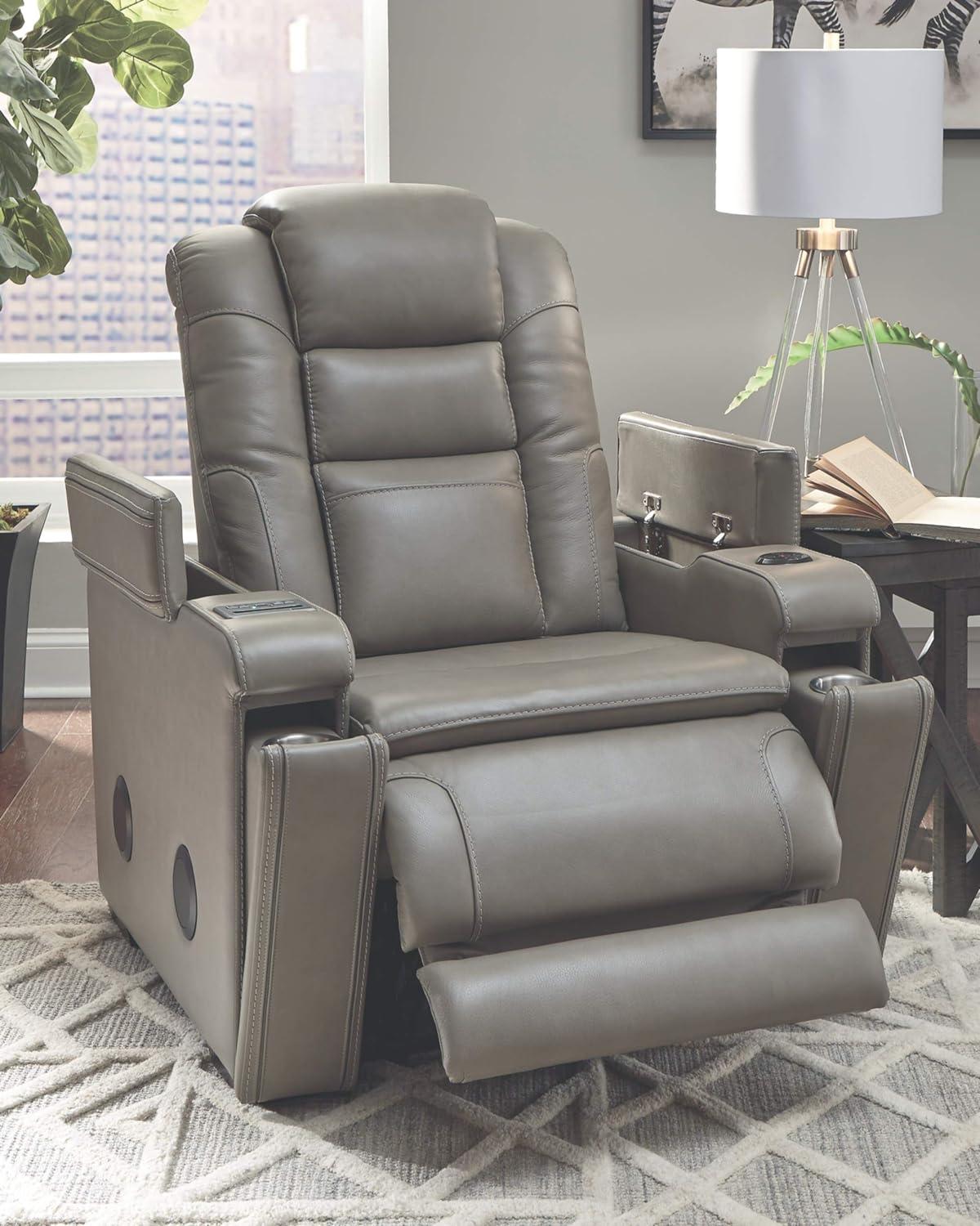 Gray Leather Power Recliner with Bluetooth Speakers