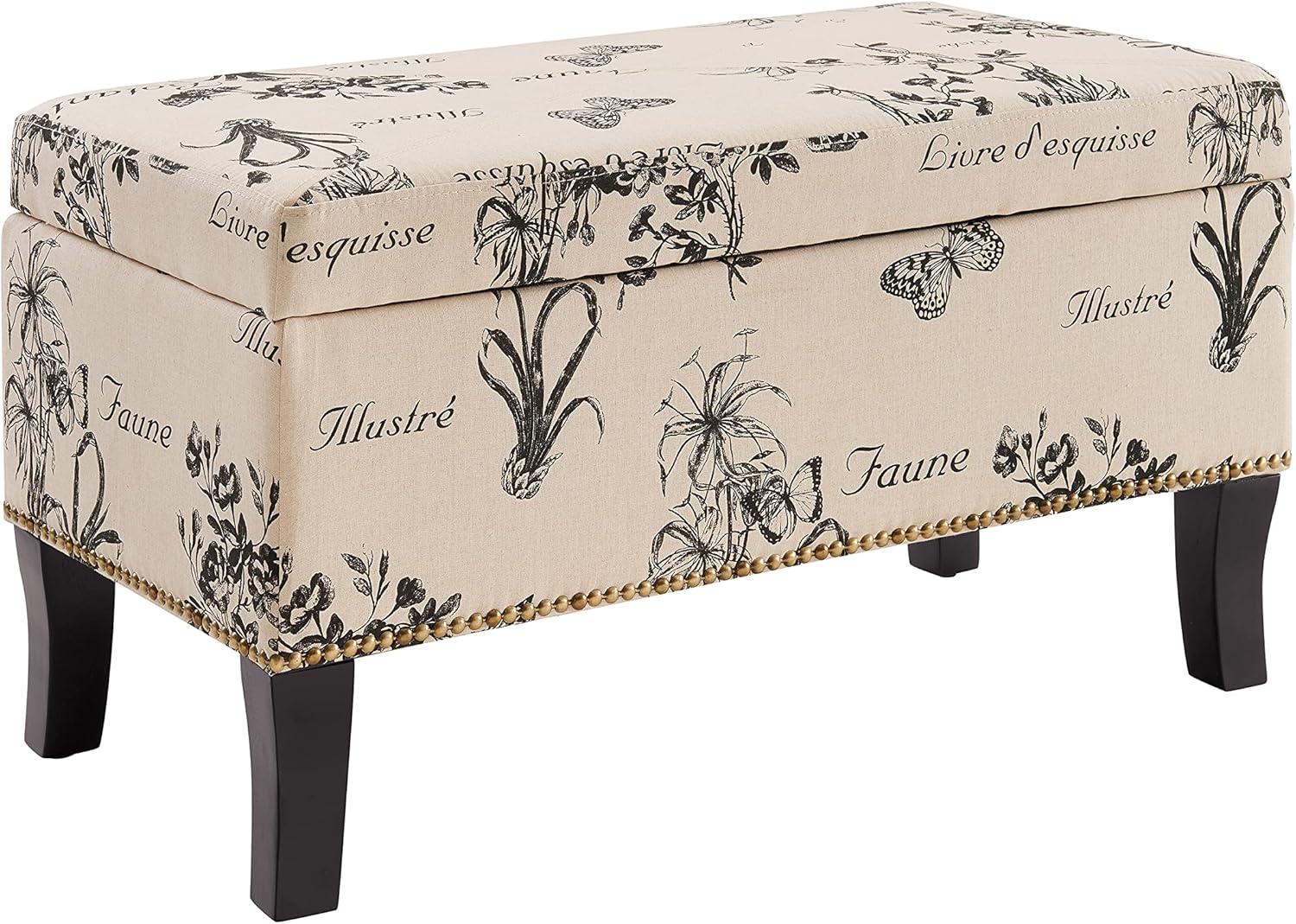 Stephanie Botanical Linen Fabric Storage Ottoman Bench, Beige