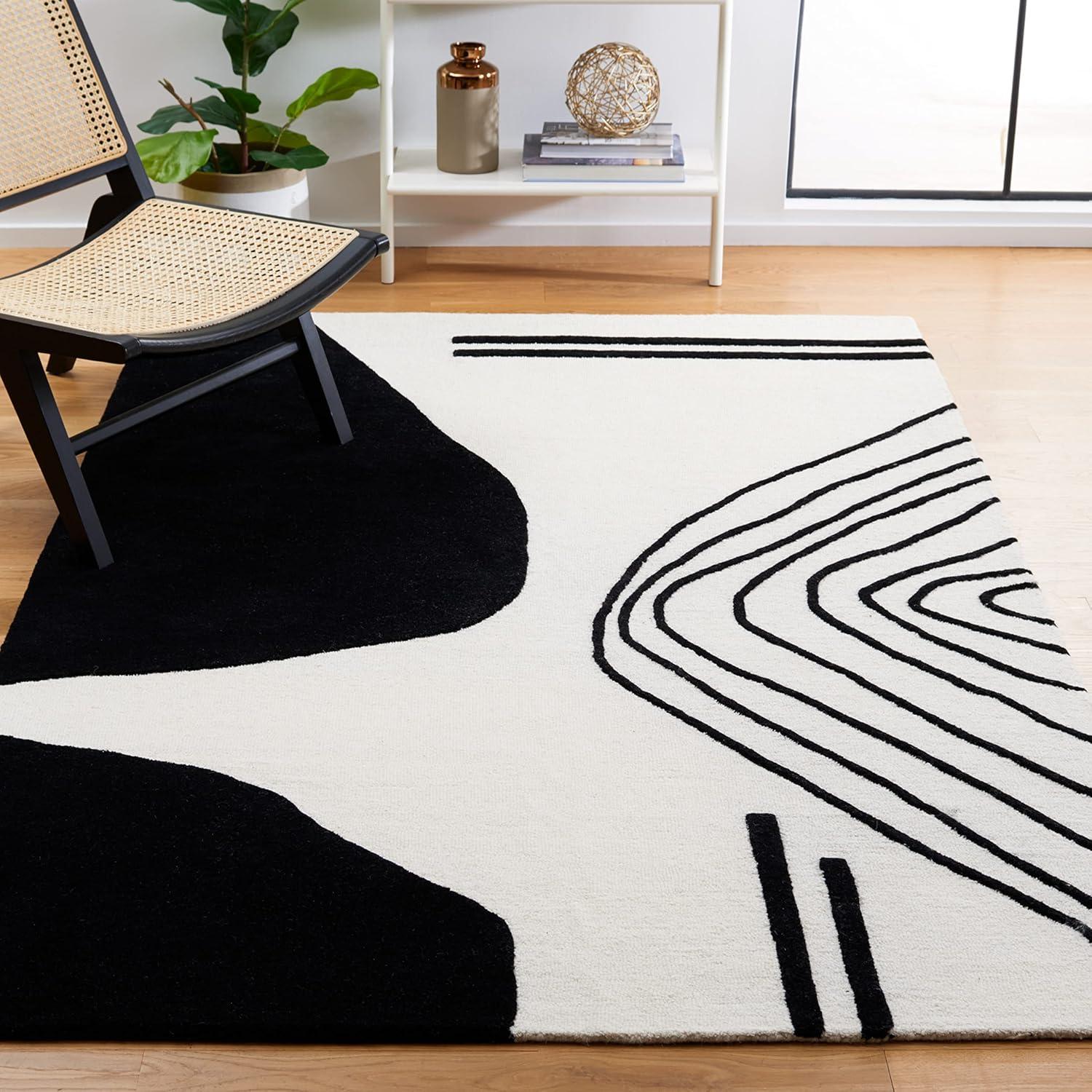 Ivory and Black Hand-Tufted Wool Abstract Area Rug, 6' x 9'