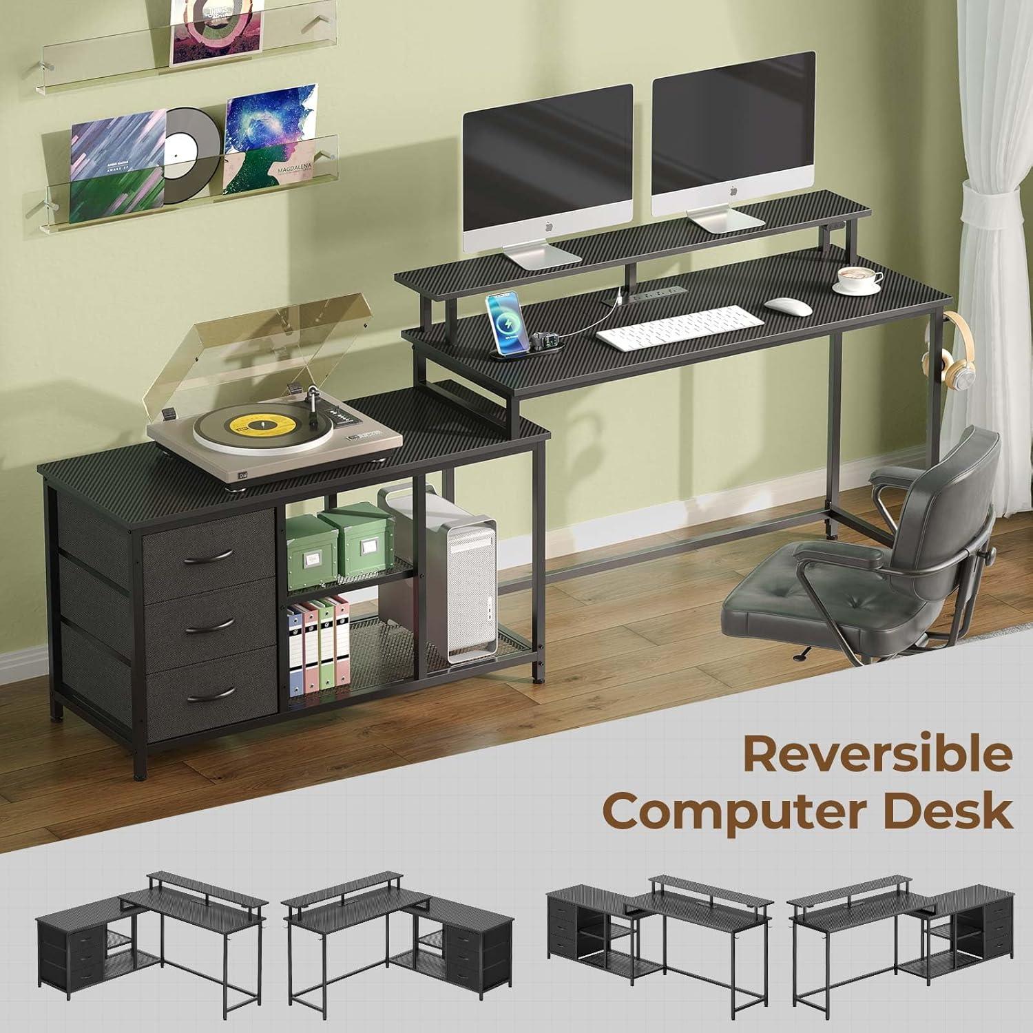 Seventable L Shaped Gaming Desk with Drawers, Reversible Computer Desk with LED Lights & Power Outlet, Home Office Desk with Monitor Stand, Hook, Corner Desk with Storage Shelves, Black