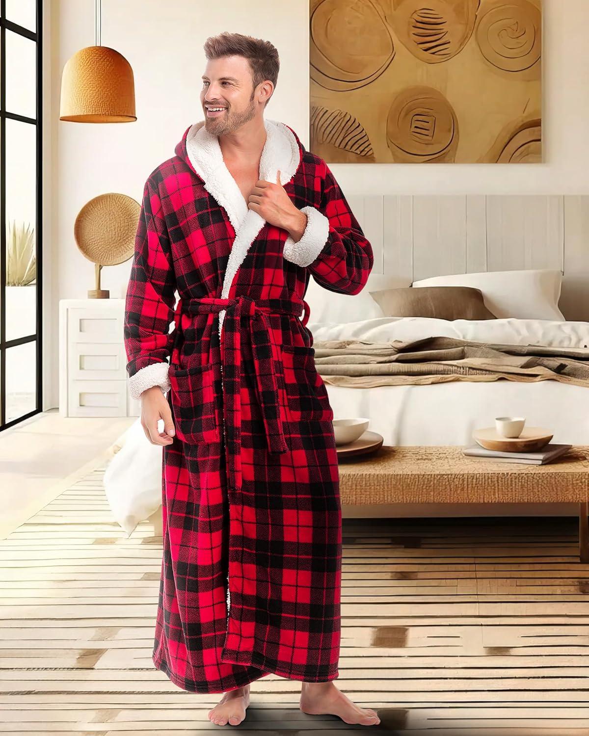 ADR Men's Warm Winter Plush Hooded Bathrobe, Full Length Fleece Robe with Hood Red Black Plaid with Cream Medium