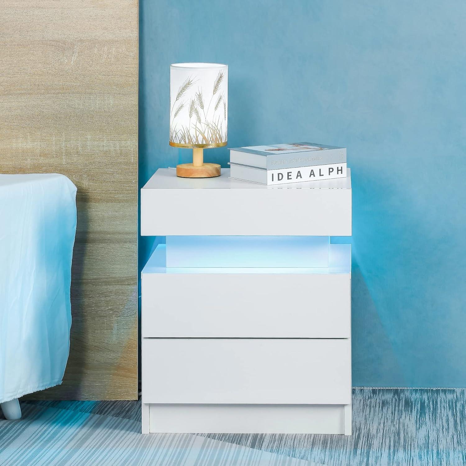 Litake LED Nightstand Modern Nightstand With Led Lights Wood Led Bedside Table Particle Board LED Nightstand With 2 High Gloss Drawers For Bedroom