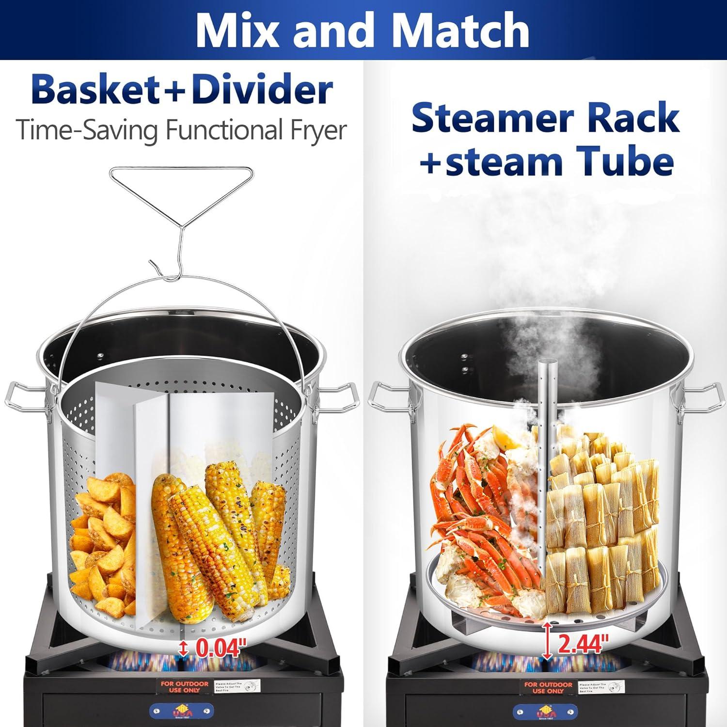 ARC USA 84QT 21 Gallon Stainless Steel Stock Pot Tamale Steamer Crawfish Seafood Turkey Fryer Pot All in One Function with Strainer Basket, Lid,Steamer Divider and Hook