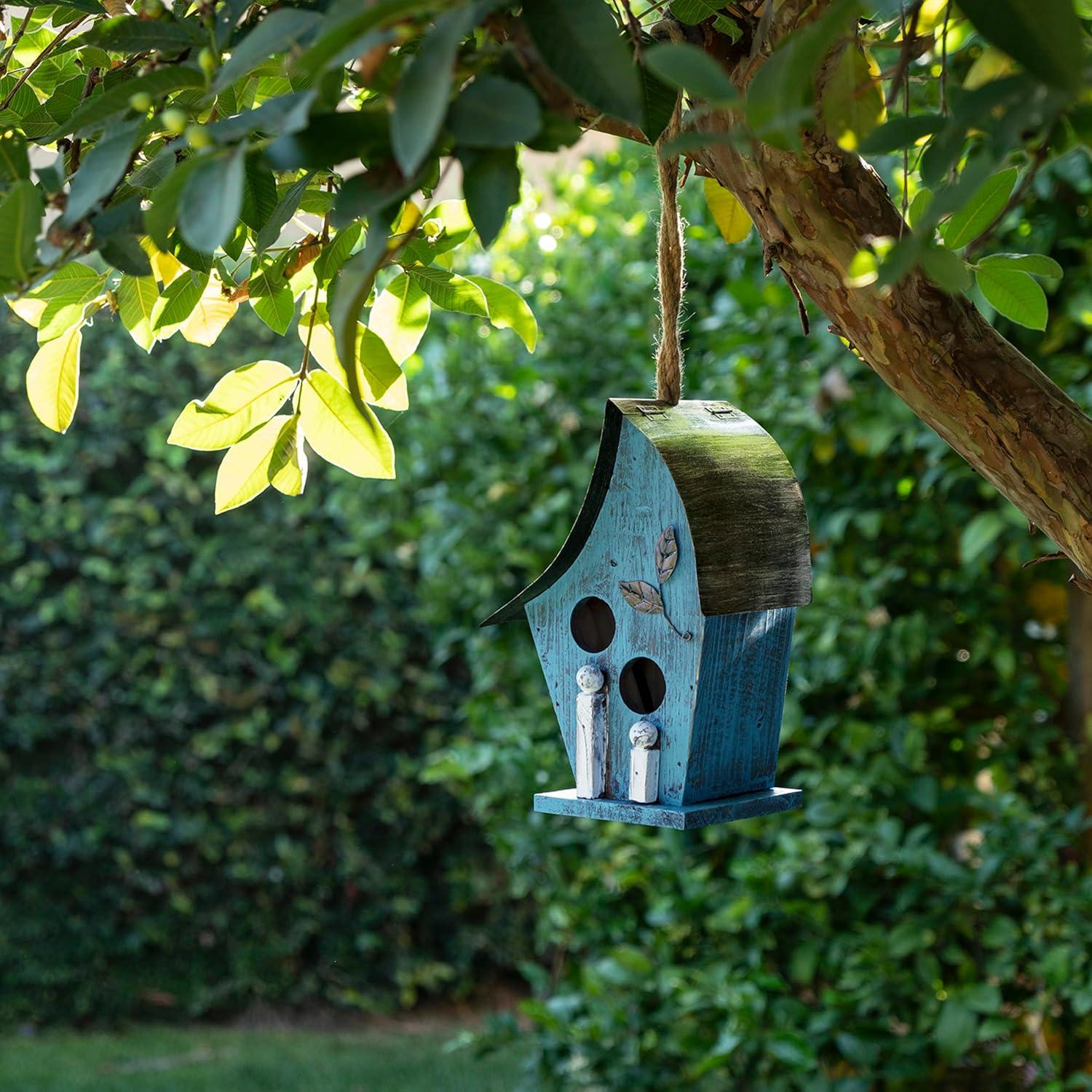 21" Tall Blue Distressed Wood and Metal Hanging Birdhouse