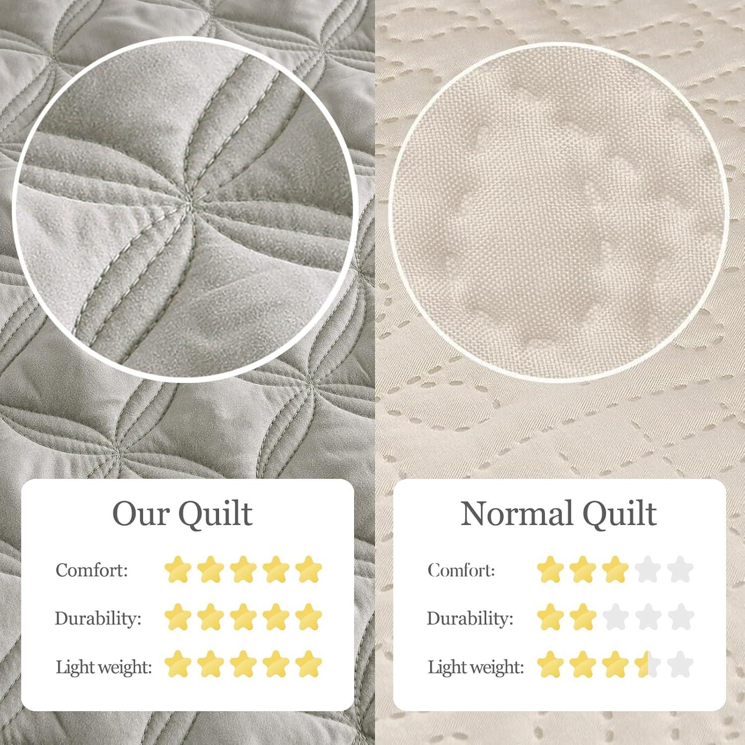 Exclusivo Mezcla Queen Quilt Bedding Set, Lightweight Soft Light Grey Queen Bedspreads Coverlets with Geometric Stitched Pattern