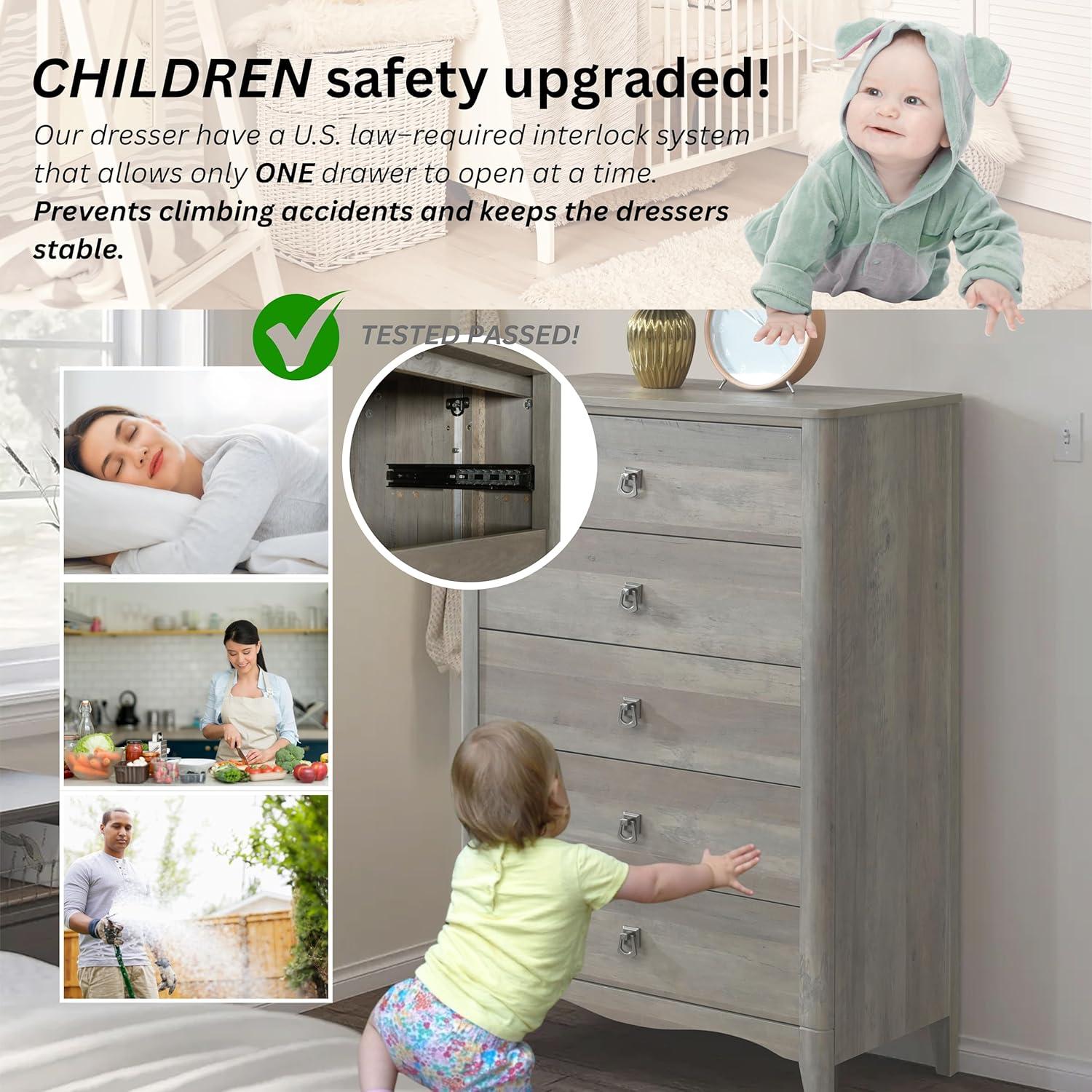 Breakwater Bay Celine 5 Drawers Dresser with Pre-Assembled Interlock and Slide, 47" Tall Modern Chest of Drawers, Wood Drawer Organizer for Bedroom, Living Room, Hallway, Entryway, Drift Wood Gray & Reviews | Wayfair