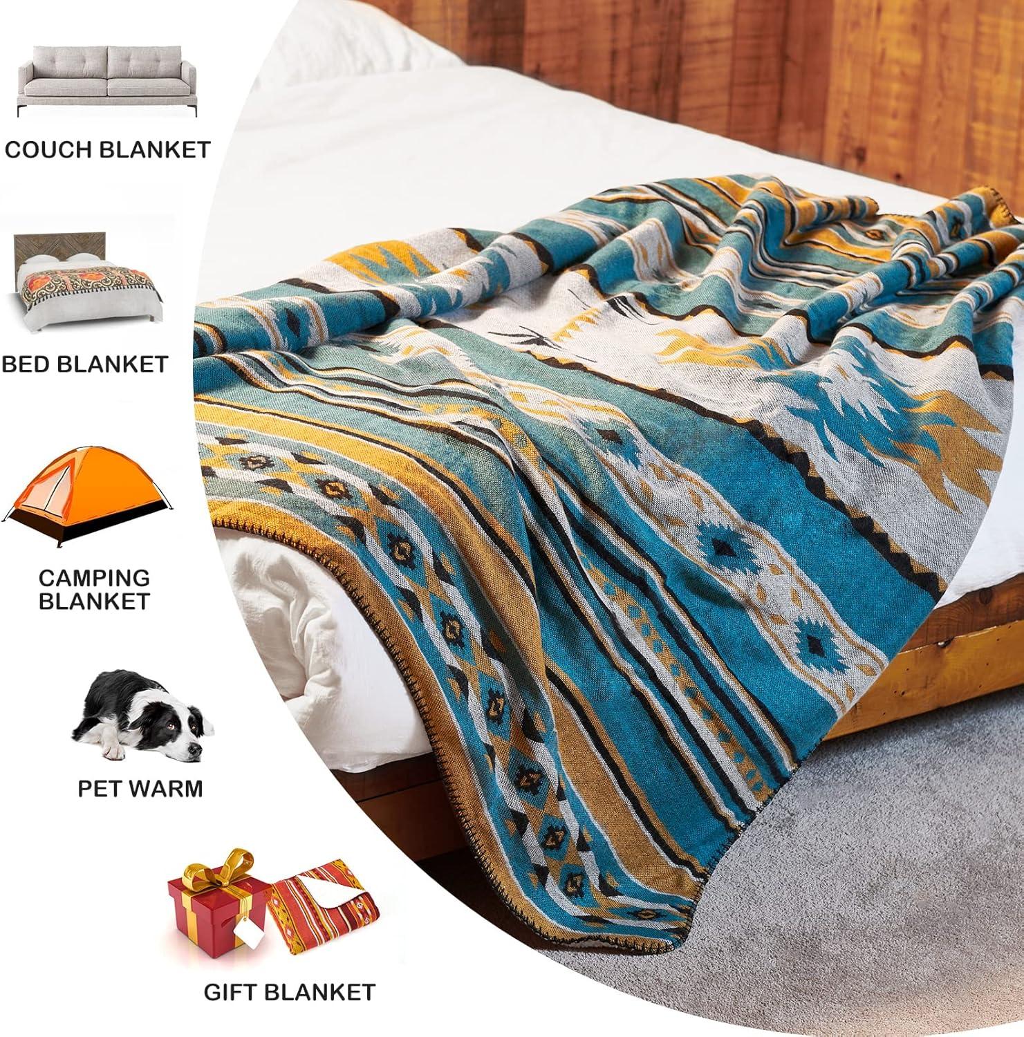 Aztec Patterned Throw Blanket with Soft Sherpa Lining, Traditional Southwestern Navajo Tribal Style Warm Throw for Camping, Outdoor, Light Weight Cozy Boho Blanket for Couch, Sofa, Bed, 50”x60”, Teal