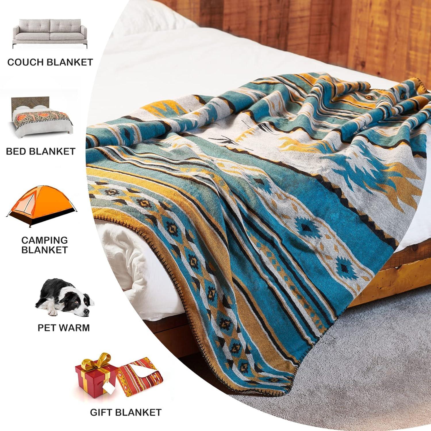 Aztec Patterned Throw Blanket with Soft Sherpa Lining, Traditional Southwestern Navajo Tribal Style Warm Throw for Camping, Outdoor, Light Weight Cozy Boho Blanket for Couch, Sofa, Bed, 50”x60”, Teal