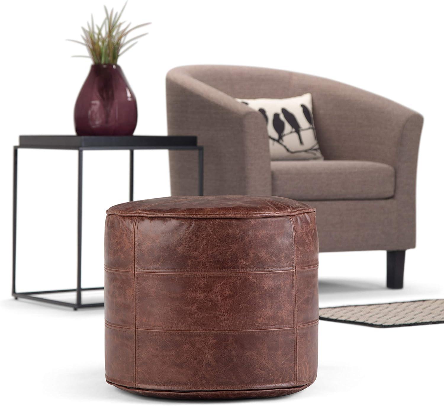 Connor Boho Round Pouf in Distressed Brown Genuine Leather